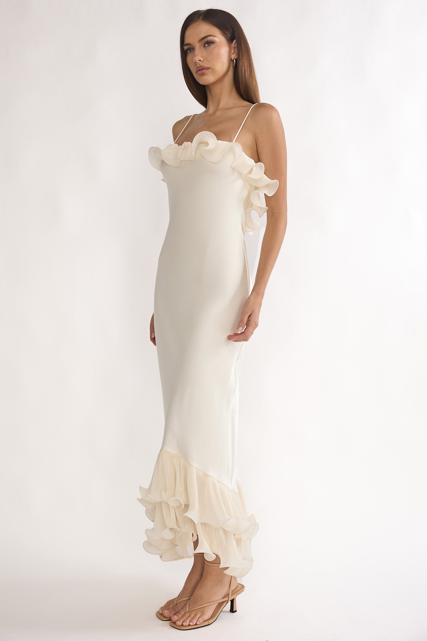 Okay, Cupid Low Back Ruffle Trim Maxi Dress Oyster by Selfie Leslie Australia