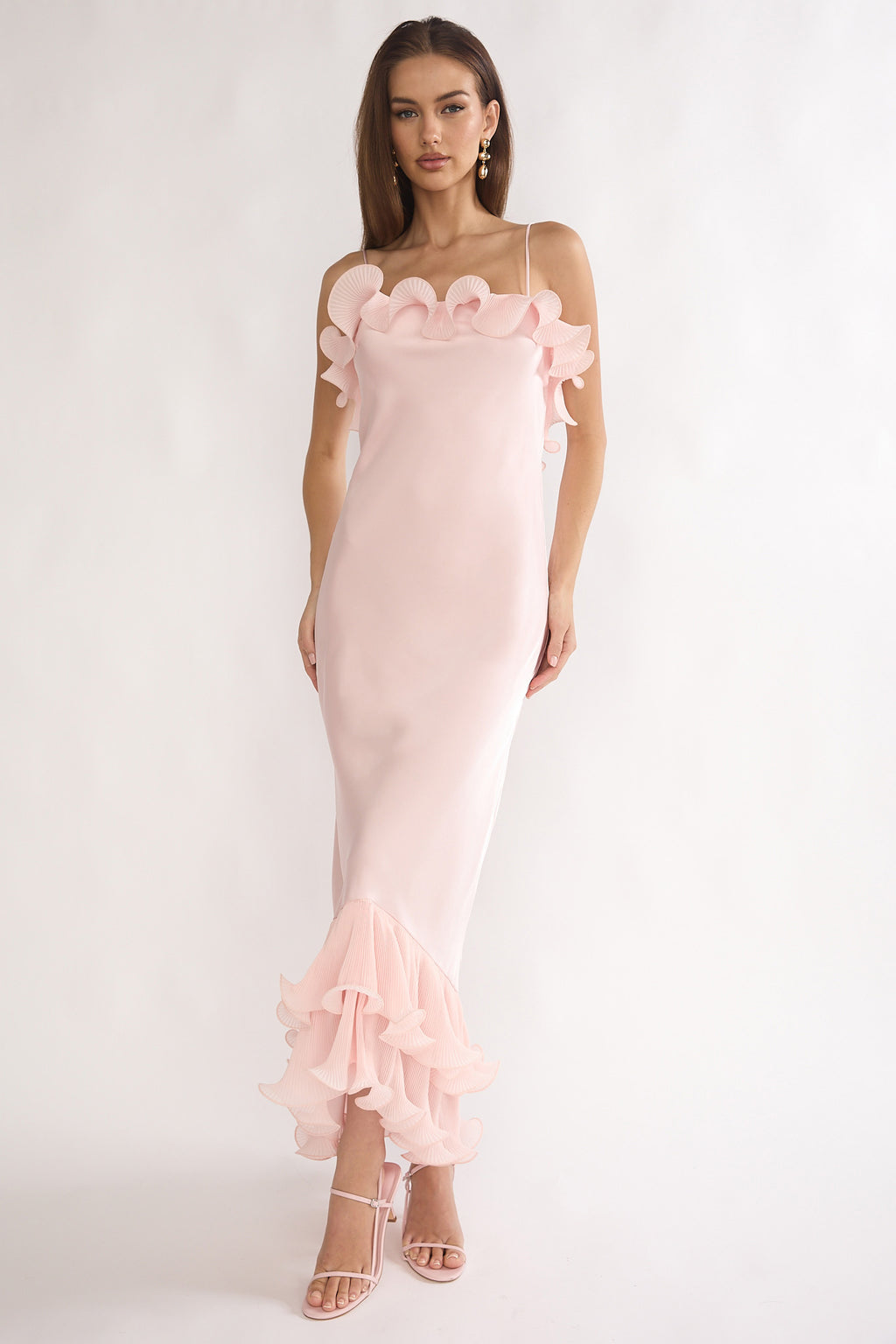 Okay, Cupid Low Back Ruffle Trim Maxi Dress Pink by Selfie Leslie Australia