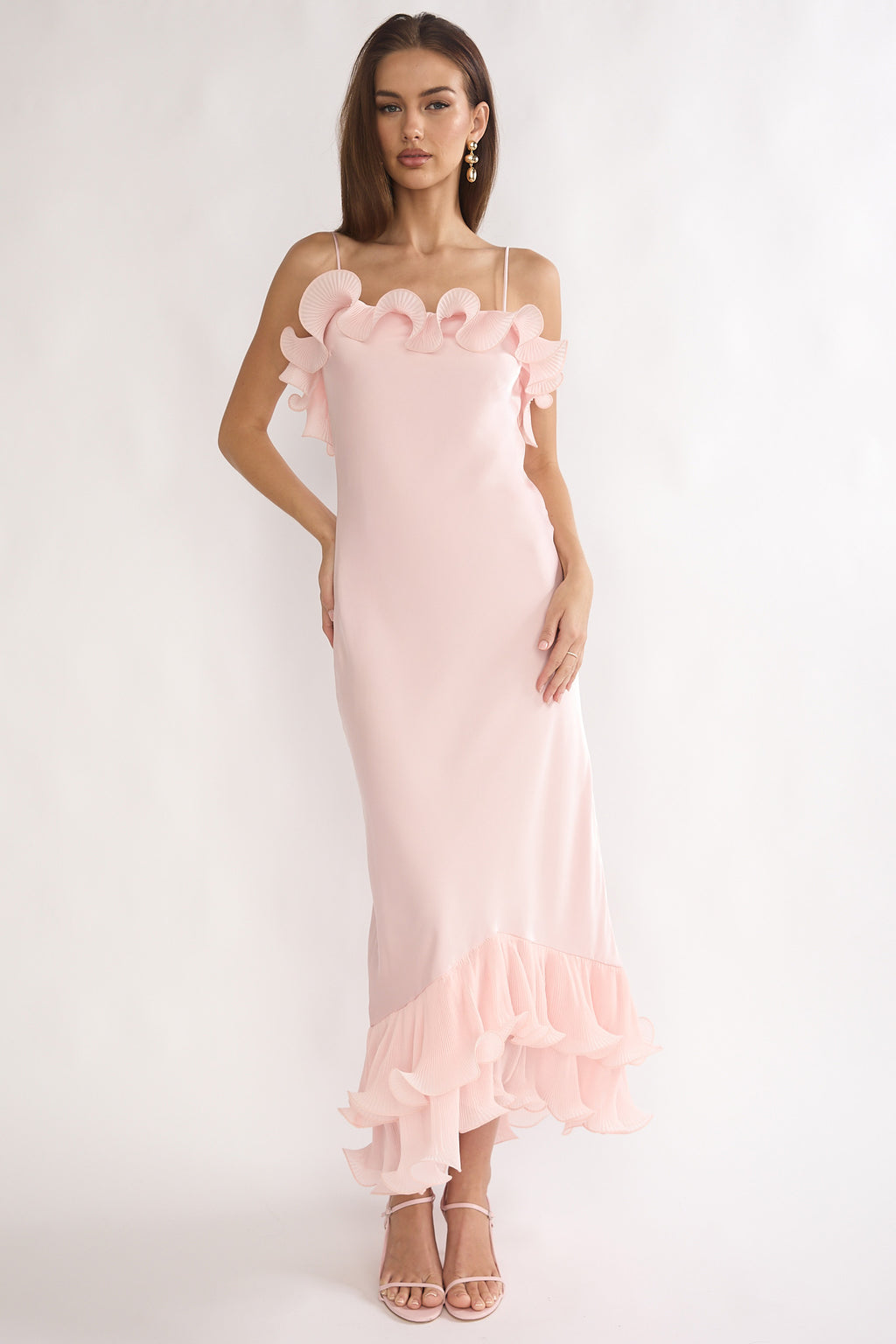 Okay, Cupid Low Back Ruffle Trim Maxi Dress Pink by Selfie Leslie Australia