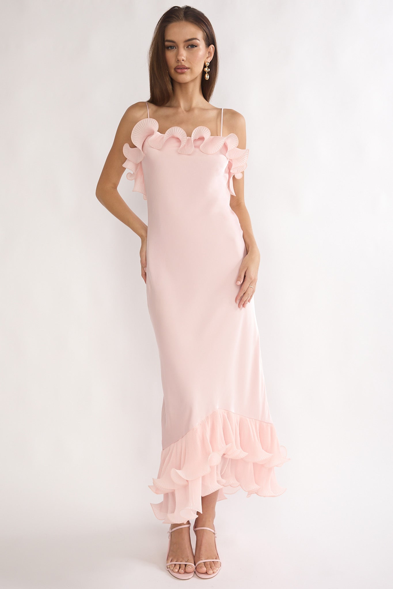 Okay, Cupid Low Back Ruffle Trim Maxi Dress Pink by Selfie Leslie Australia