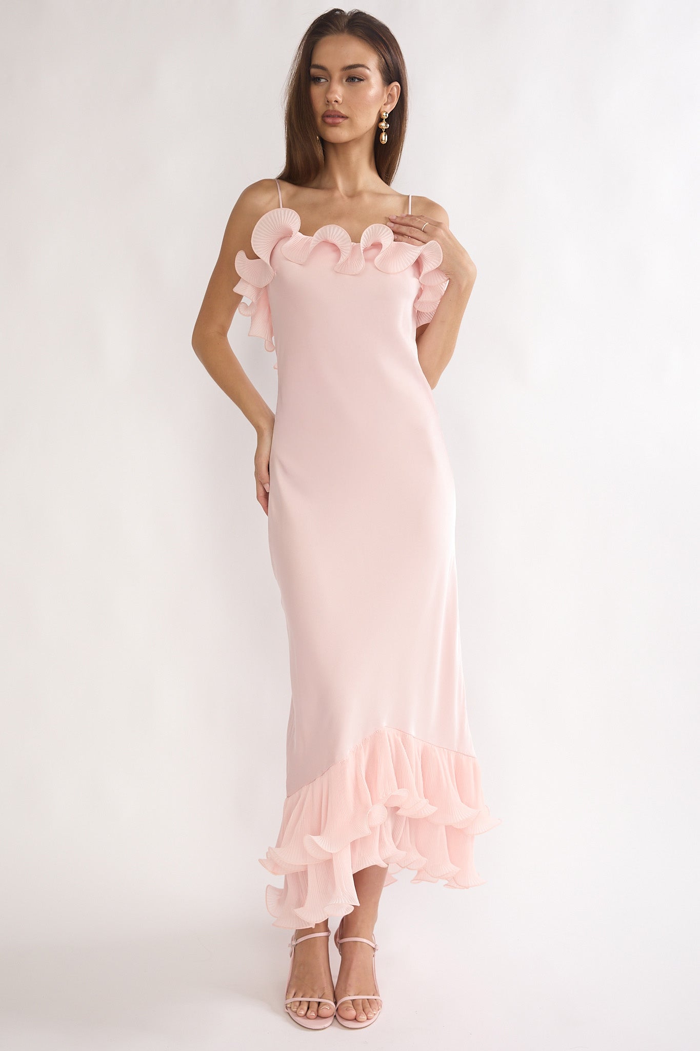 Okay, Cupid Low Back Ruffle Trim Maxi Dress Pink by Selfie Leslie Australia