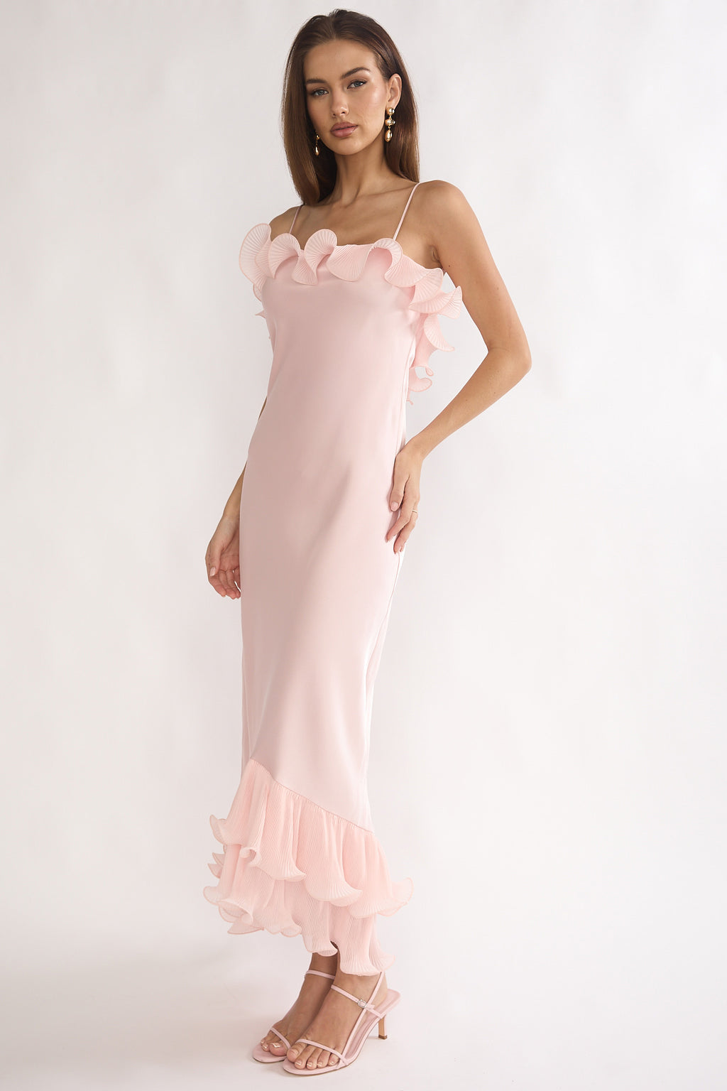 Okay, Cupid Low Back Ruffle Trim Maxi Dress Pink by Selfie Leslie Australia
