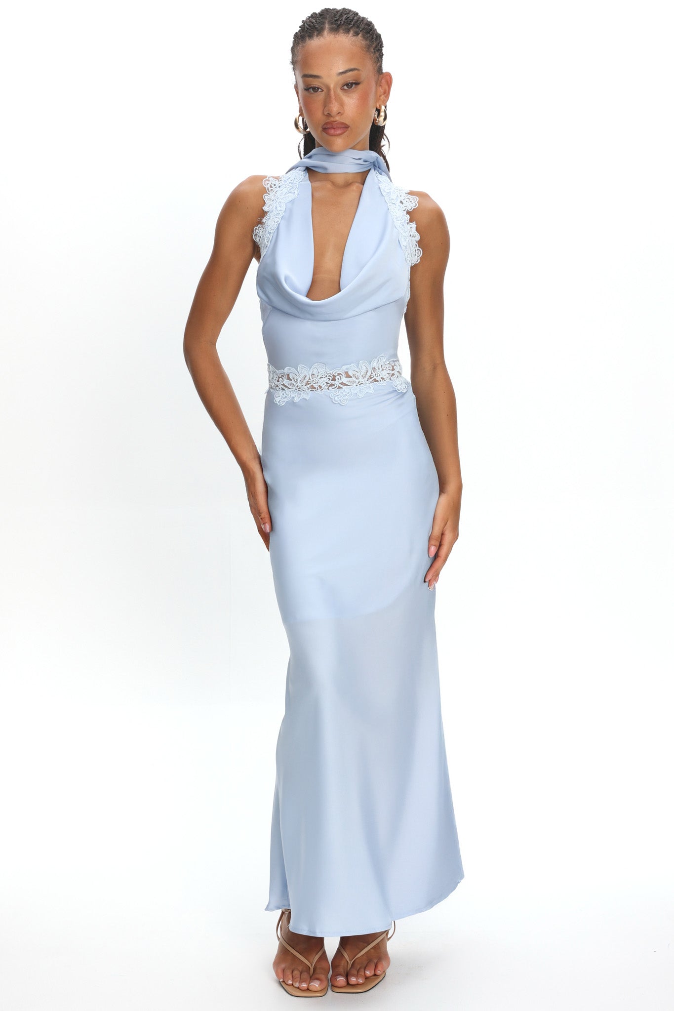Scotlyn Applique Trim Halter Maxi Dress Blue by Selfie Leslie Australia