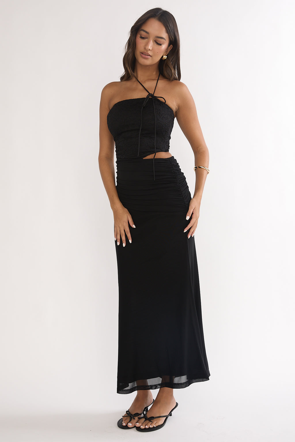 Truths Cut-Out Waist Ruched Maxi Dress Black by Selfie Leslie Australia