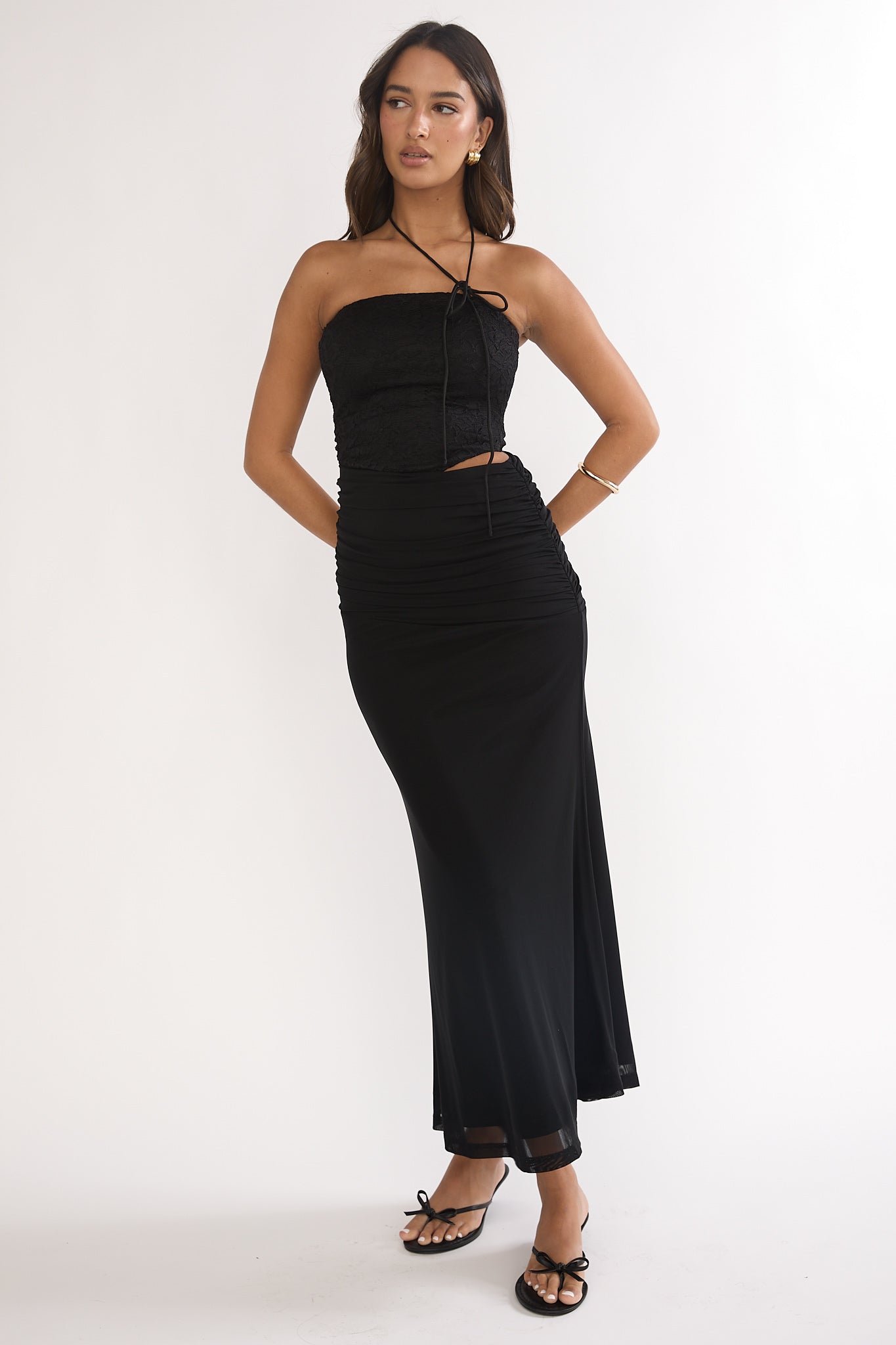 Truths Cut-Out Waist Ruched Maxi Dress Black by Selfie Leslie Australia