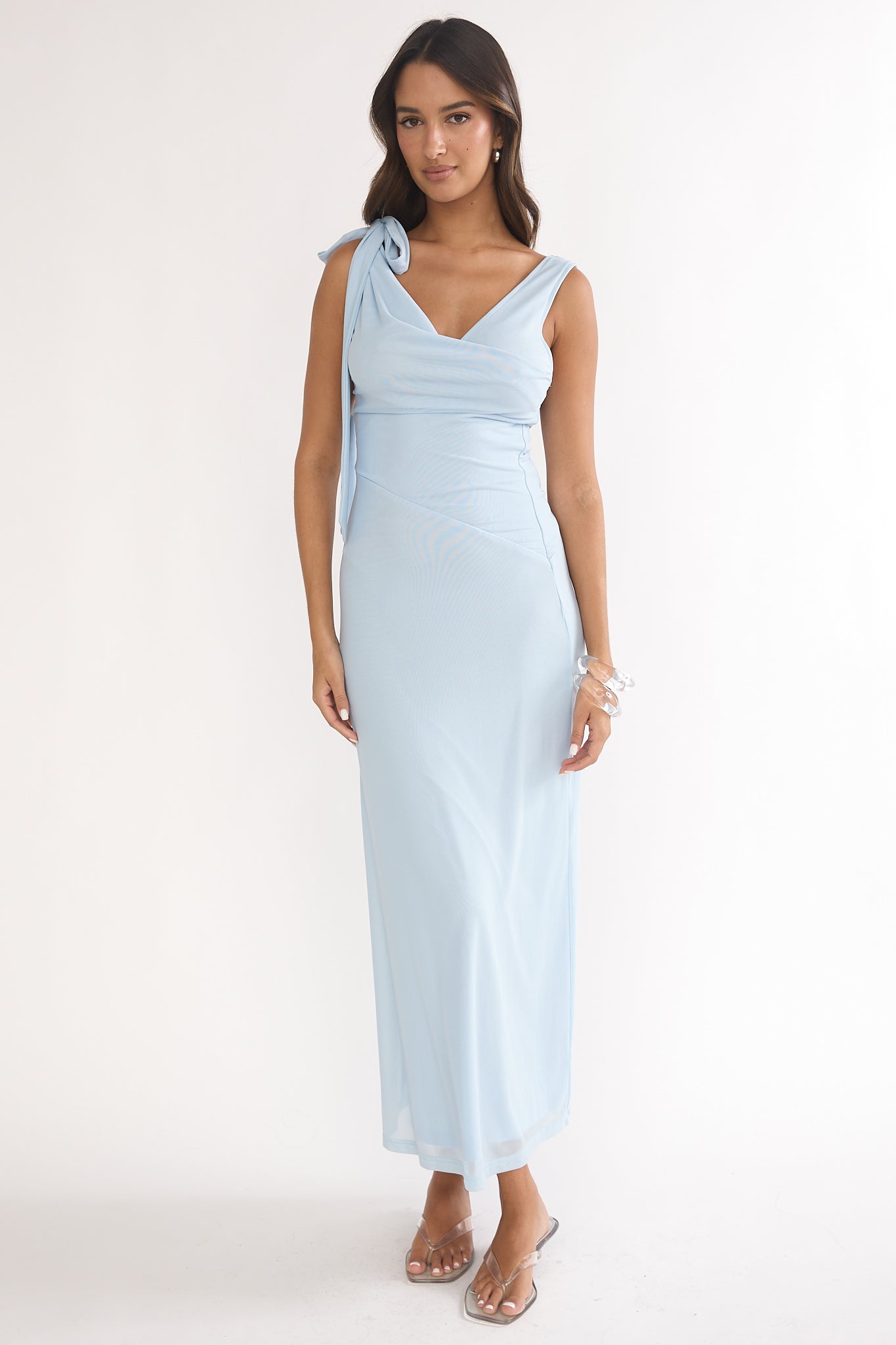 Cavelle Tie Shoulder Mesh Maxi Dress Blue by Selfie Leslie Australia