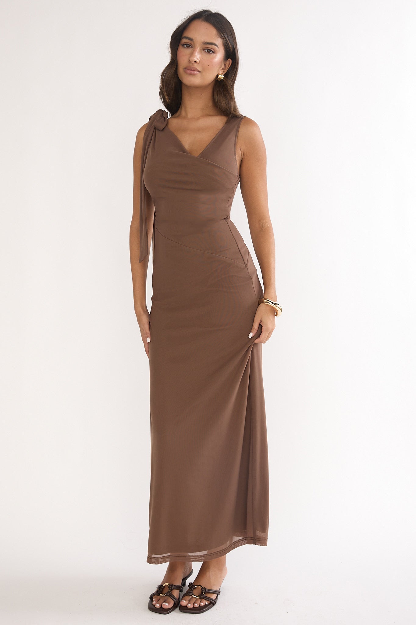 Cavelle Tie Shoulder Mesh Maxi Dress Chocolate by Selfie Leslie Australia