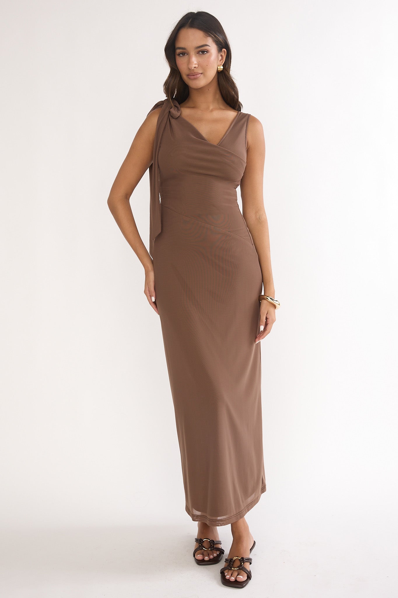 Cavelle Tie Shoulder Mesh Maxi Dress Chocolate by Selfie Leslie Australia