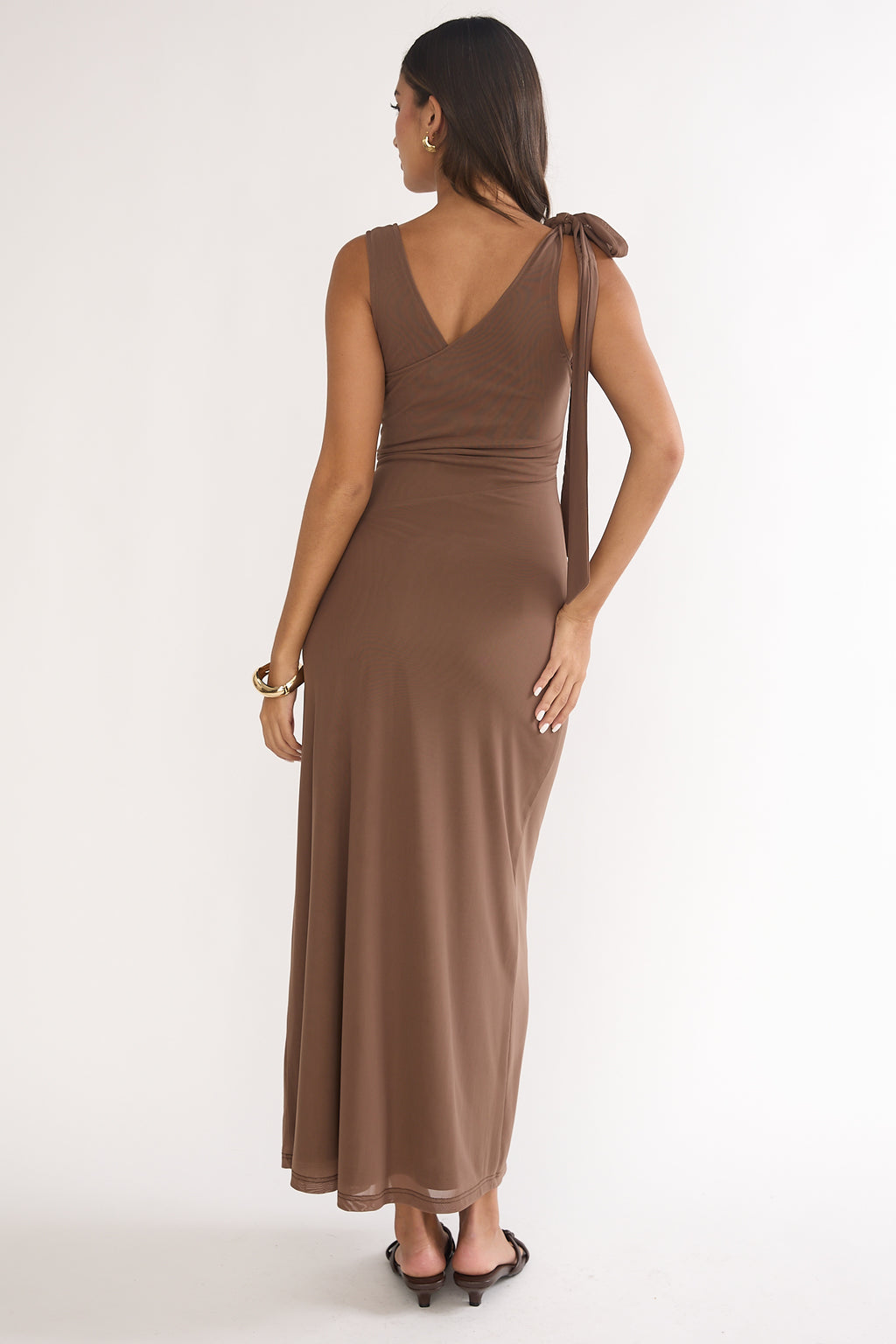 Cavelle Tie Shoulder Mesh Maxi Dress Chocolate by Selfie Leslie Australia