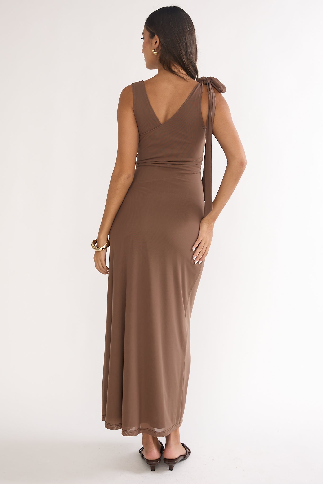 Cavelle Tie Shoulder Mesh Maxi Dress Chocolate by Selfie Leslie Australia