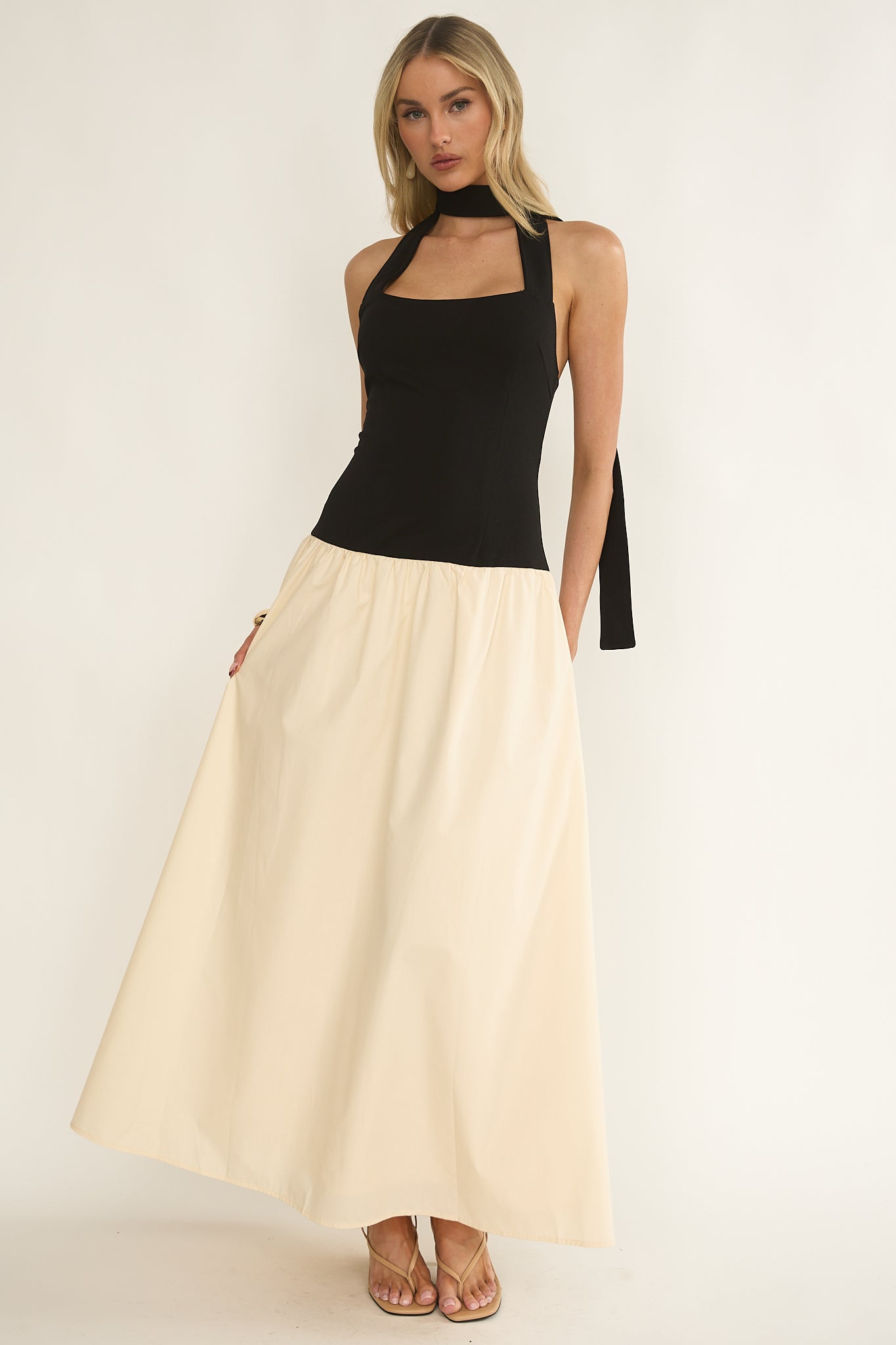 Elery Drop Waist Halter Maxi Dress Black/Cream by Selfie Leslie Australia