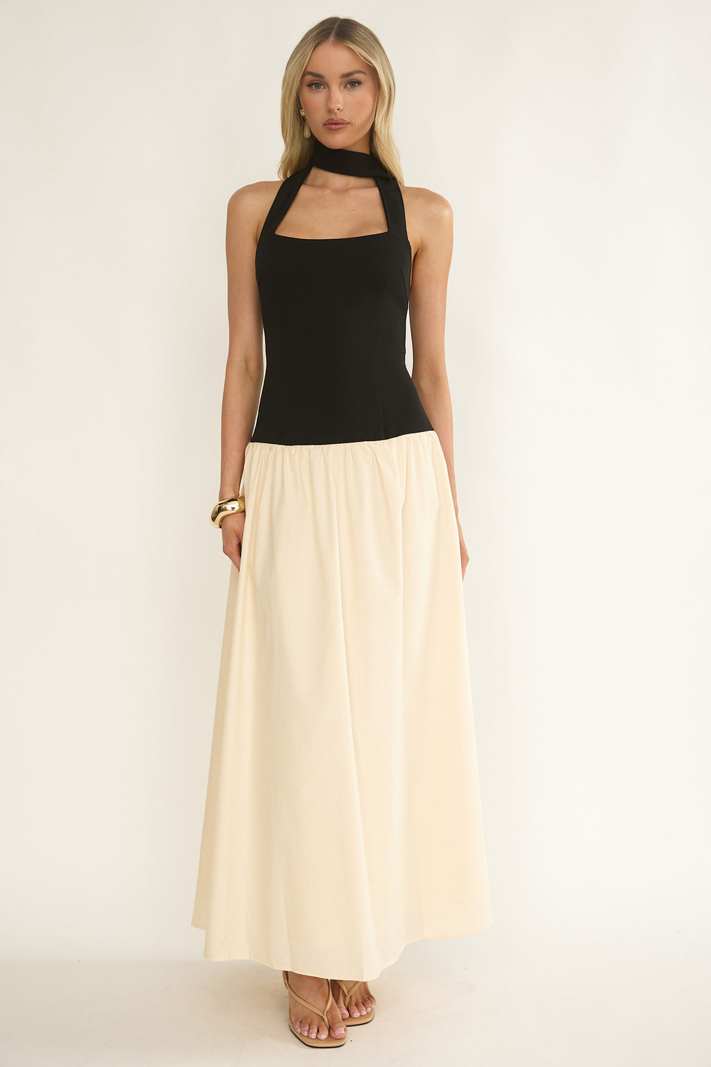Elery Drop Waist Halter Maxi Dress Black/Cream by Selfie Leslie Australia