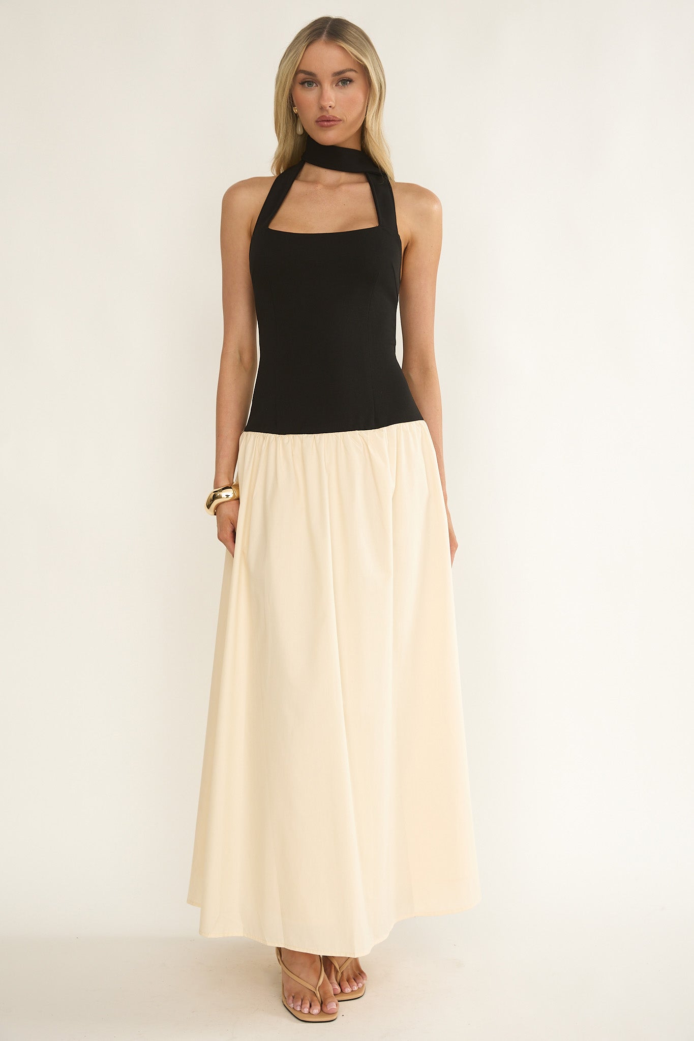 Elery Drop Waist Halter Maxi Dress Black/Cream by Selfie Leslie Australia