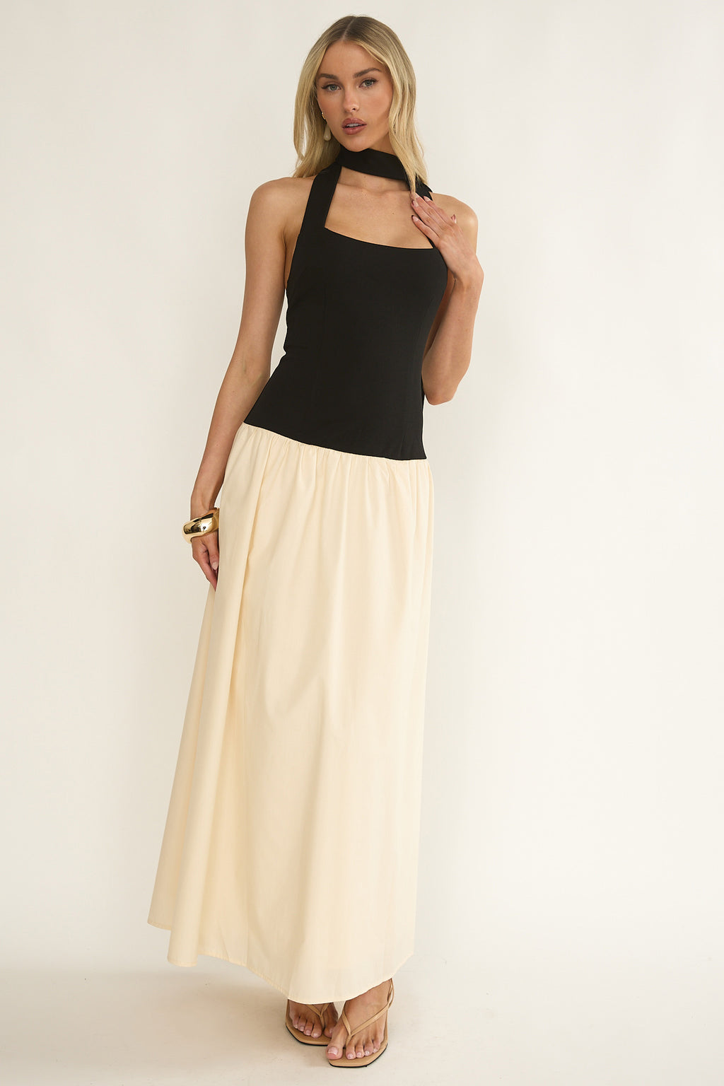 Elery Drop Waist Halter Maxi Dress Black/Cream by Selfie Leslie Australia