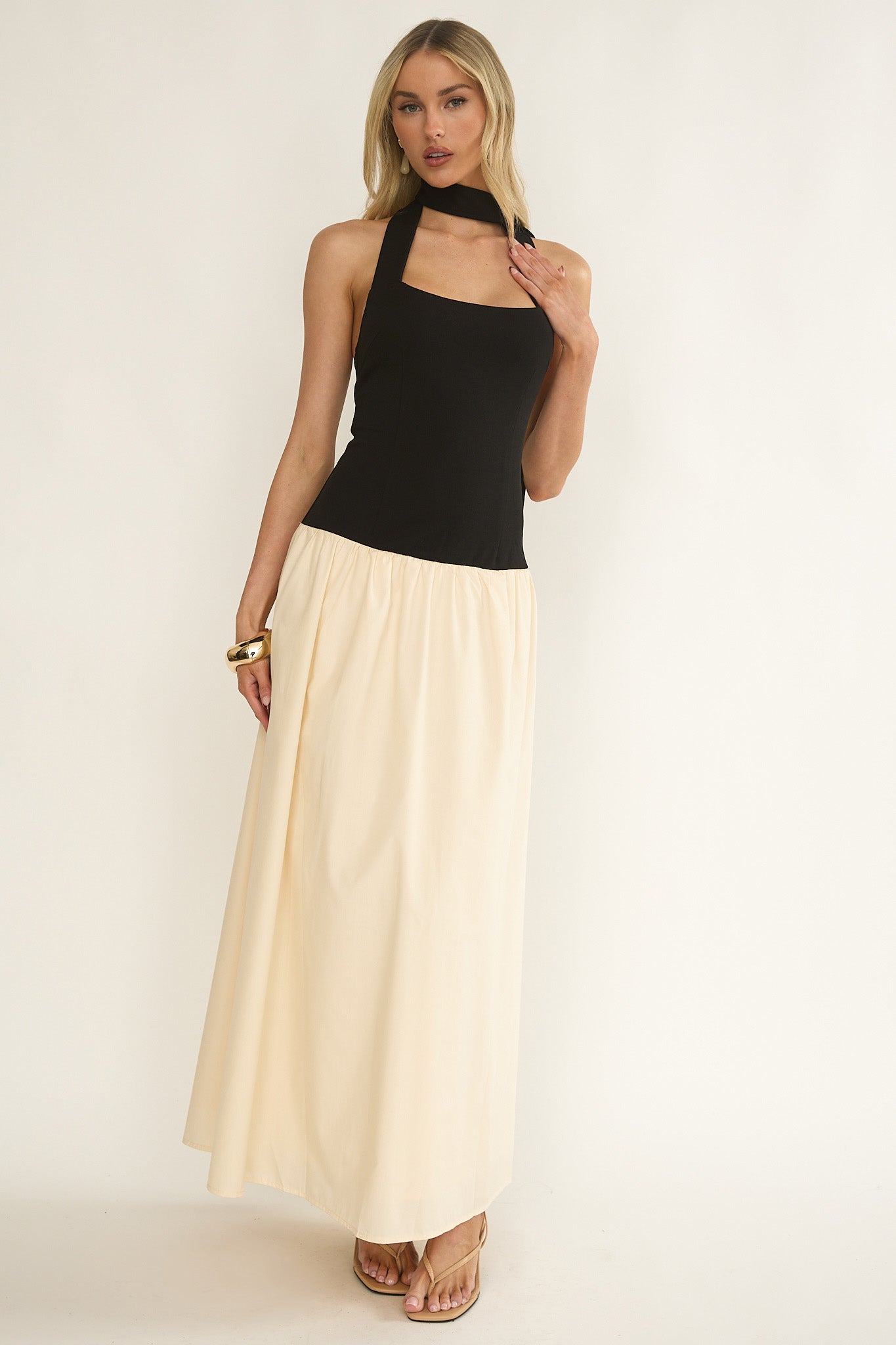 Elery Drop Waist Halter Maxi Dress Black/Cream by Selfie Leslie Australia