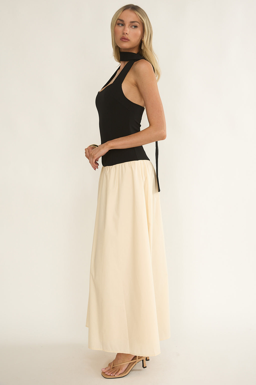 Elery Drop Waist Halter Maxi Dress Black/Cream by Selfie Leslie Australia
