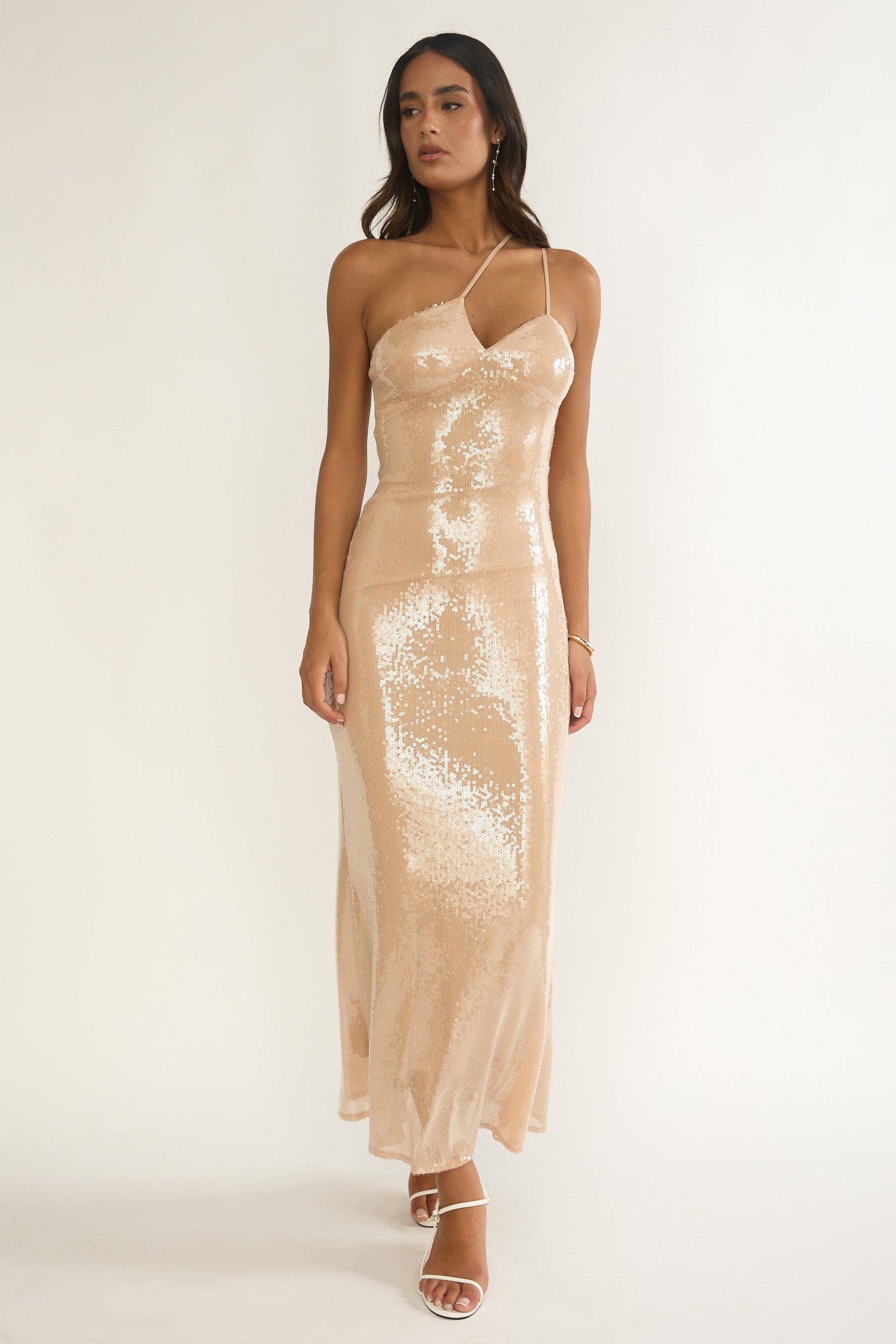 Roselyn One-Shoulder Sequin Maxi Dress Latte by Selfie Leslie Australia