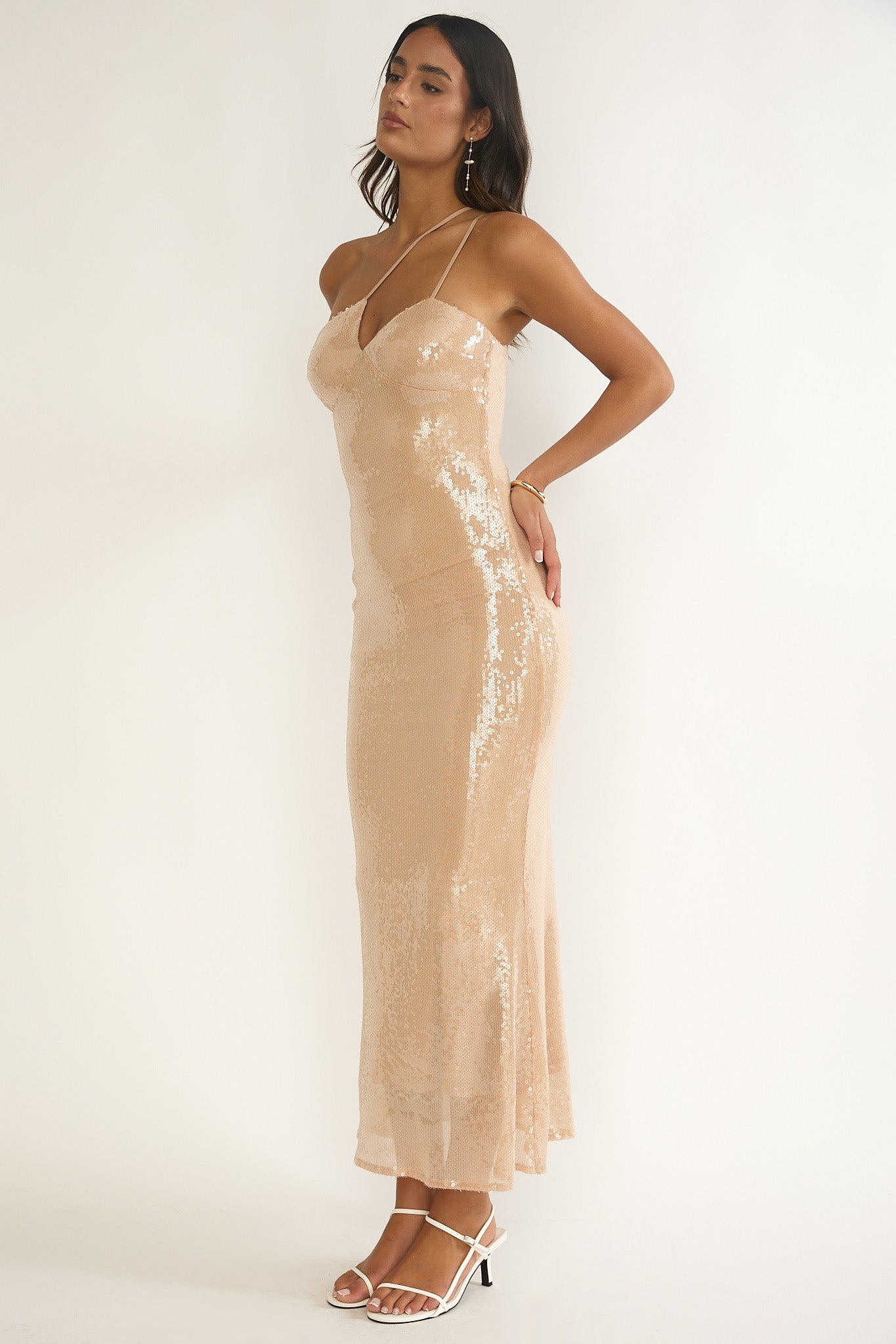 Roselyn One-Shoulder Sequin Maxi Dress Latte by Selfie Leslie Australia