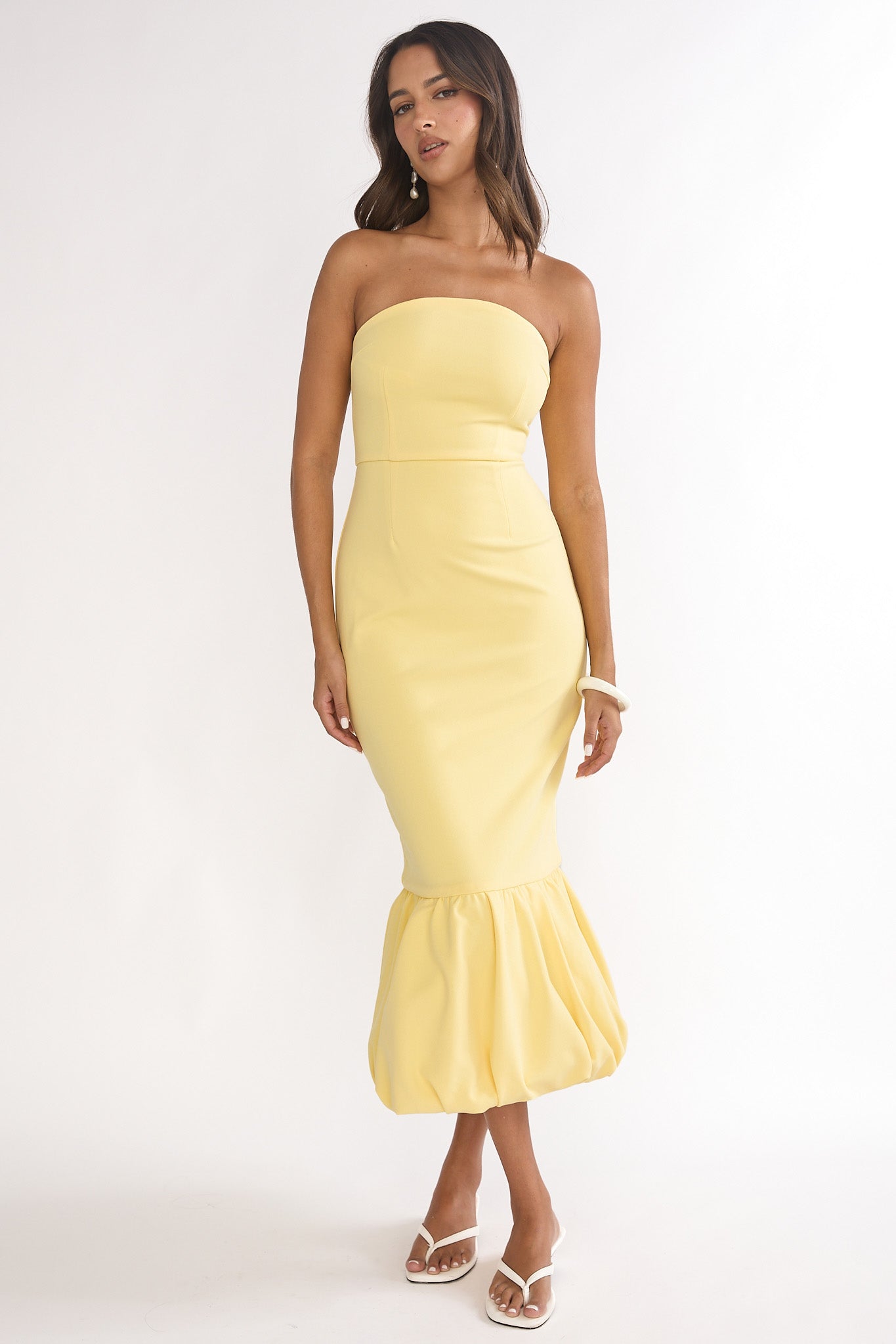 Elira Bubble Hem Strapless Midi Dress Lemon by Selfie Leslie Australia
