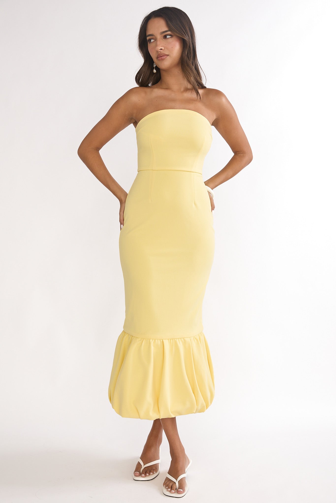Elira Bubble Hem Strapless Midi Dress Lemon by Selfie Leslie Australia
