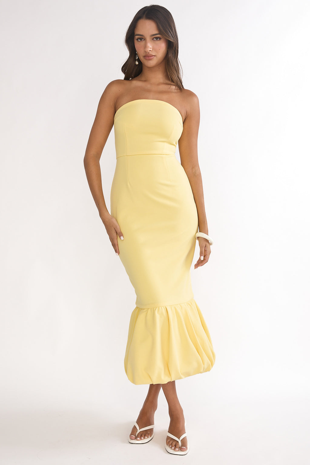 Elira Bubble Hem Strapless Midi Dress Lemon by Selfie Leslie Australia