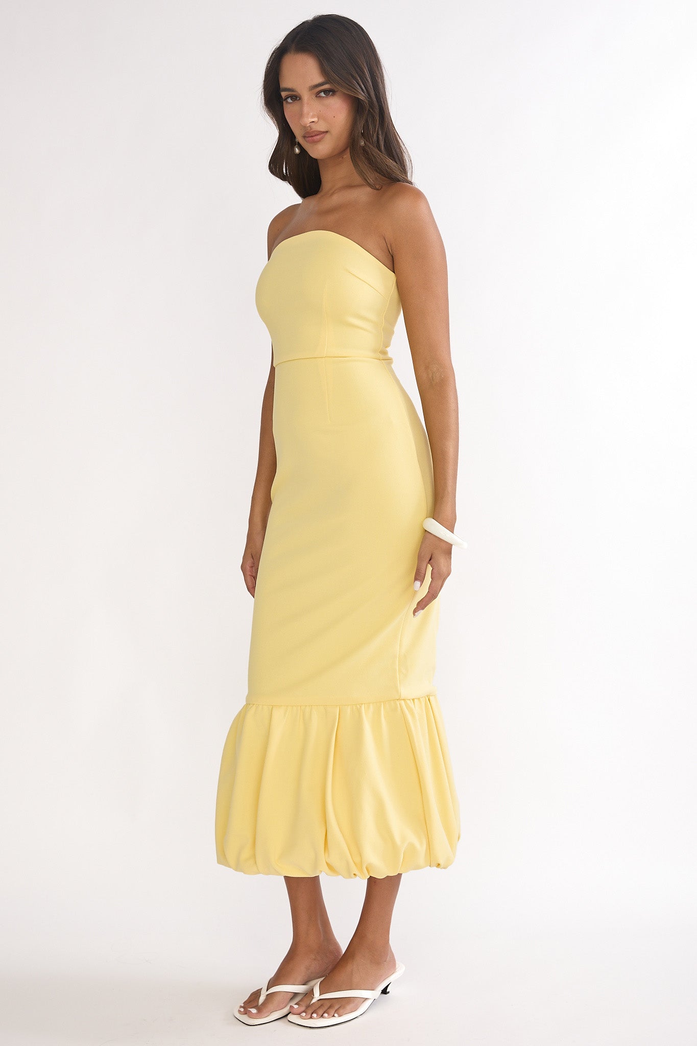 Elira Bubble Hem Strapless Midi Dress Lemon by Selfie Leslie Australia