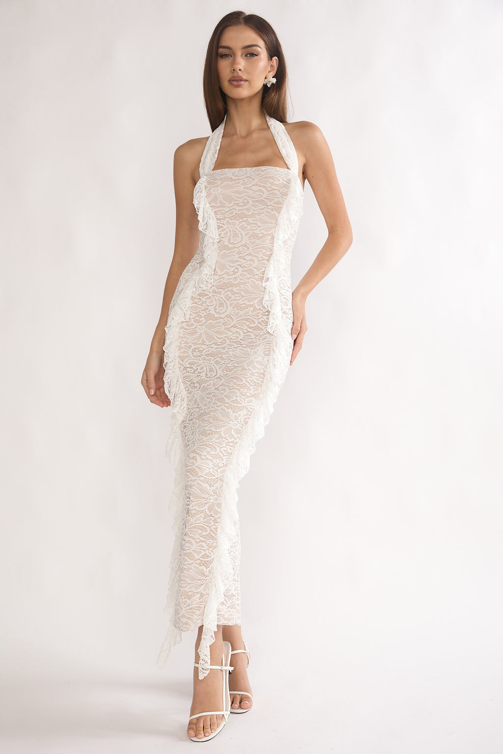 Chiavari Ruffle Trim Lace Maxi Dress White by Selfie Leslie Australia
