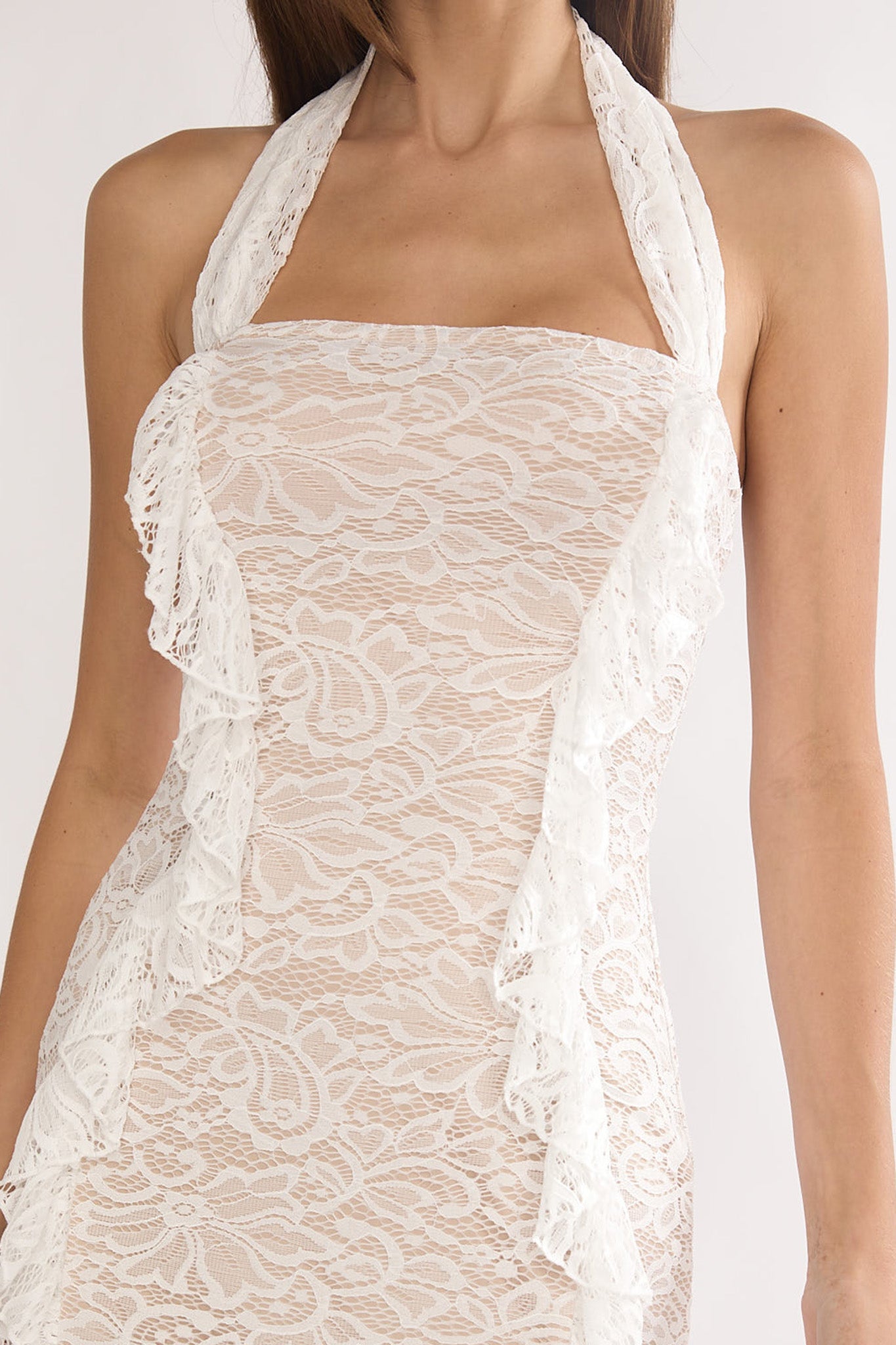 Chiavari Ruffle Trim Lace Maxi Dress White by Selfie Leslie Australia