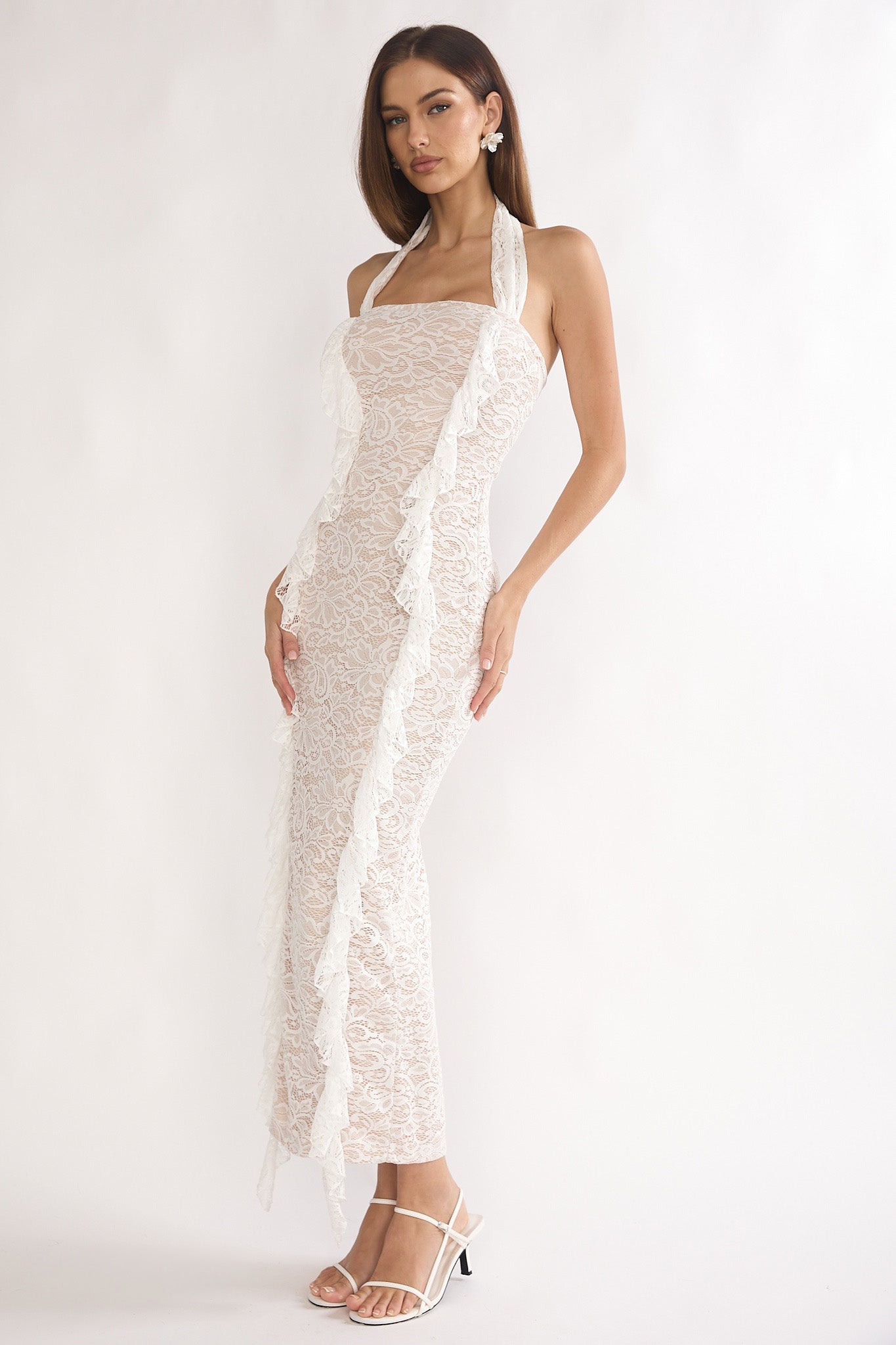 Chiavari Ruffle Trim Lace Maxi Dress White by Selfie Leslie Australia