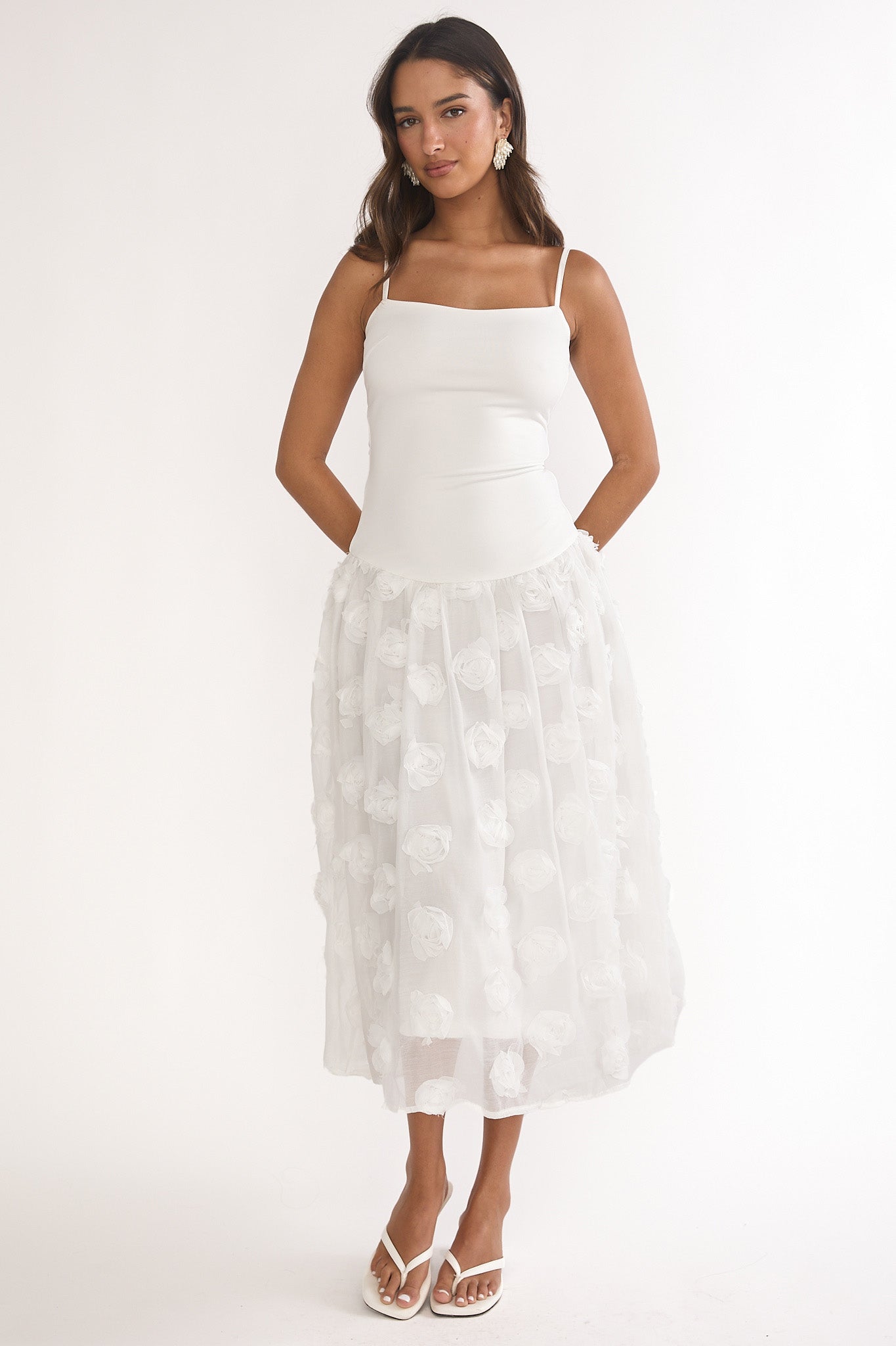 Adley Embellished Drop Waist Midi Dress White by Selfie Leslie Australia