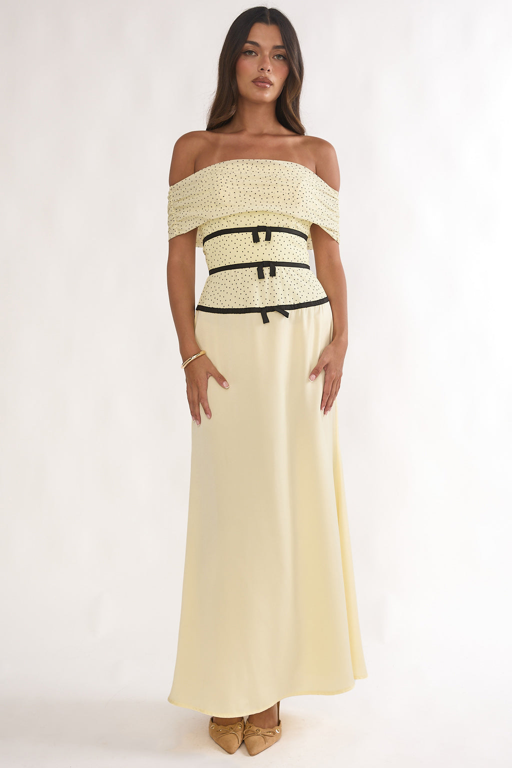 Begonias Off-Shoulder Bow Maxi Dress Spotted Lemon by Selfie Leslie Australia