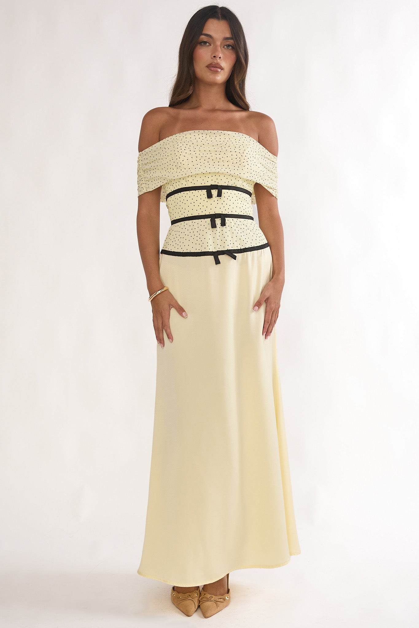 Begonias Off-Shoulder Bow Maxi Dress Spotted Lemon by Selfie Leslie Australia