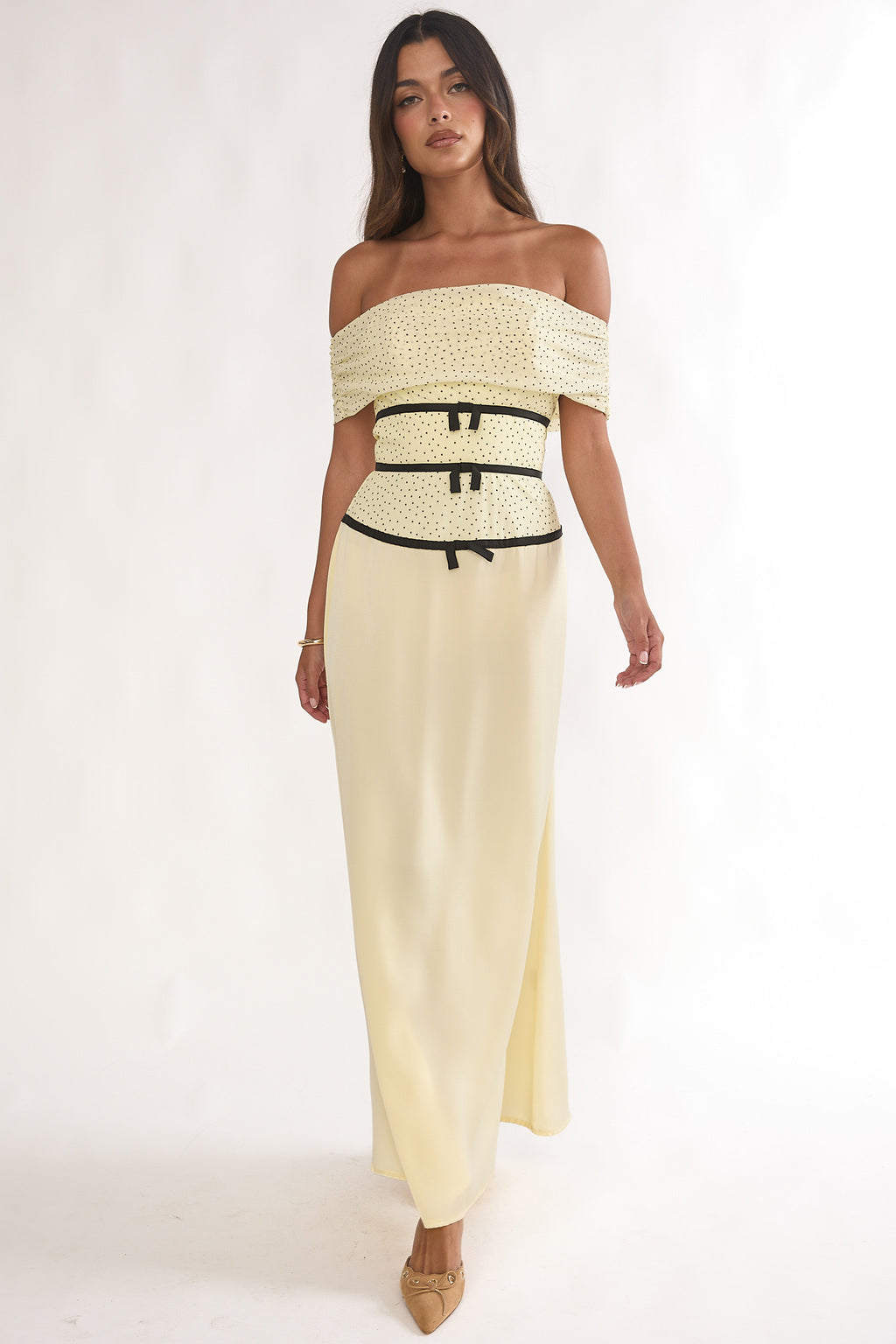 Begonias Off-Shoulder Bow Maxi Dress Spotted Lemon by Selfie Leslie Australia