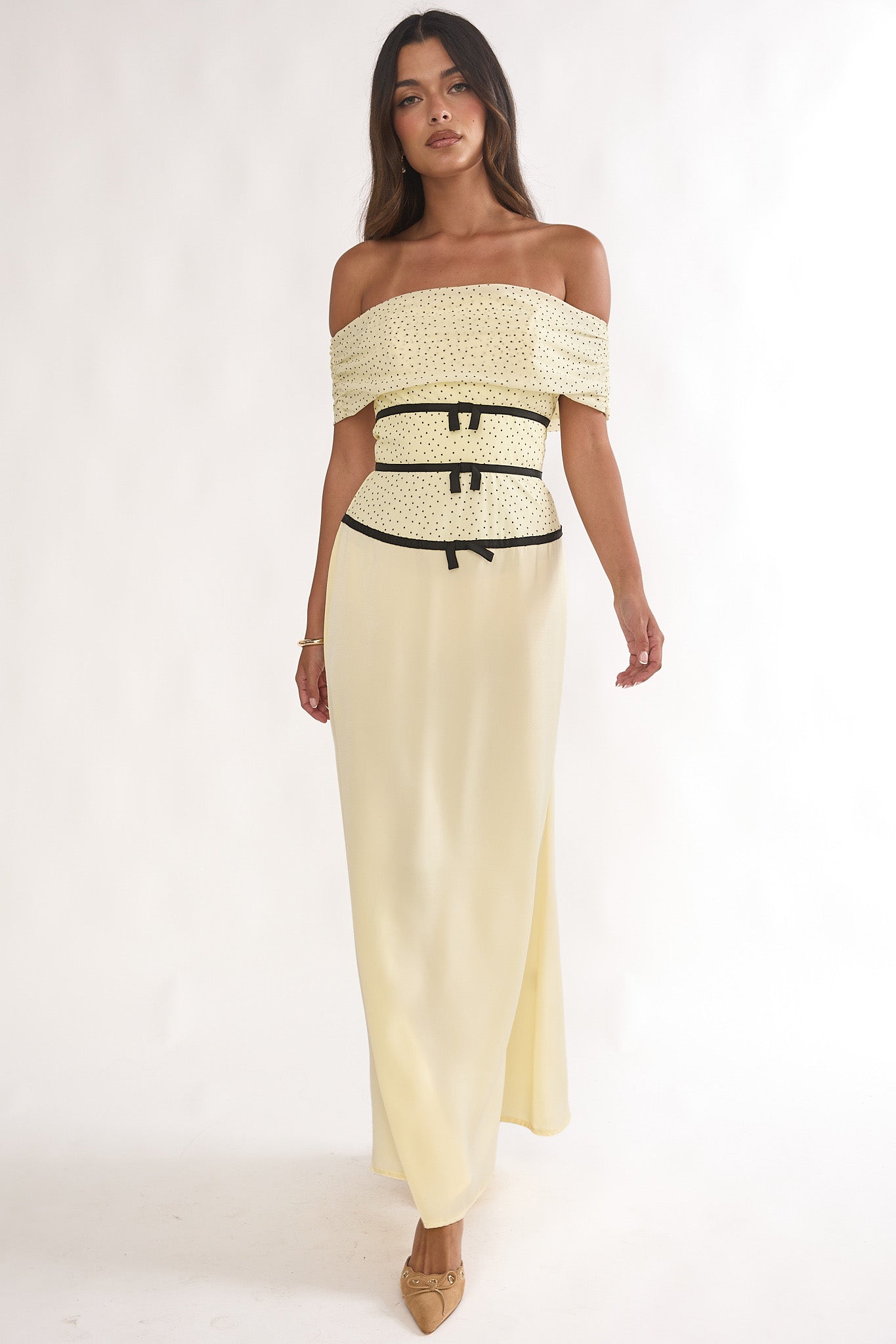 Begonias Off-Shoulder Bow Maxi Dress Spotted Lemon by Selfie Leslie Australia