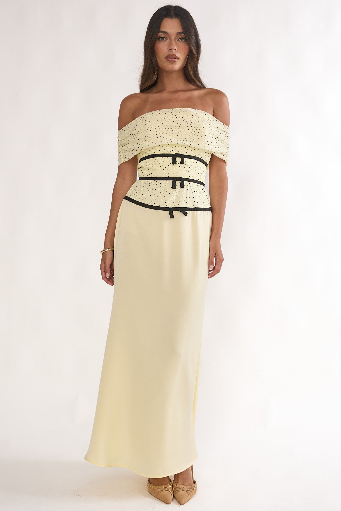 Begonias Off-Shoulder Bow Maxi Dress Spotted Lemon by Selfie Leslie Australia