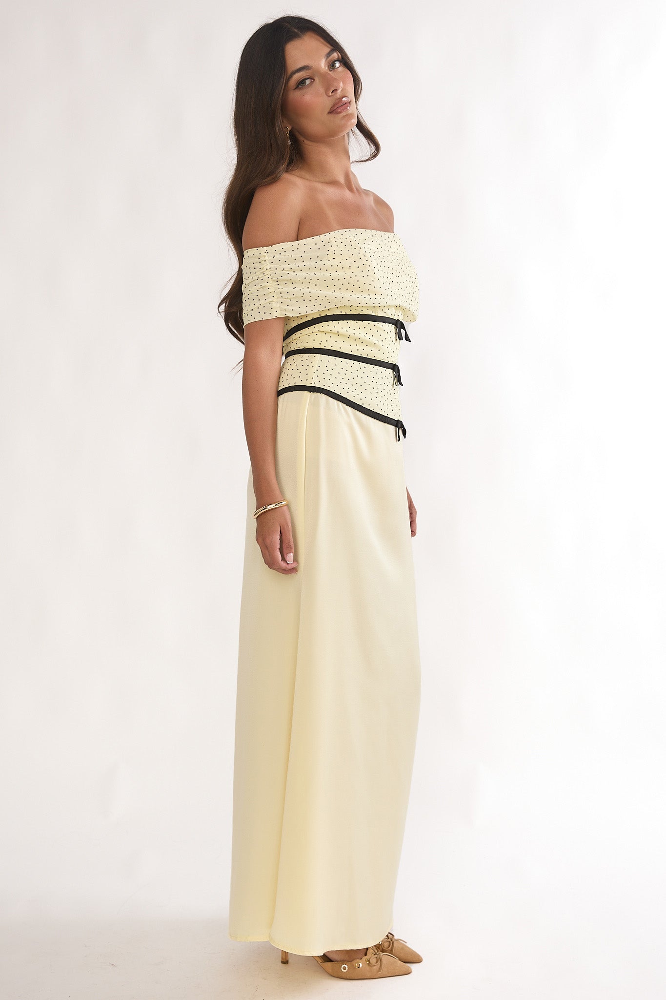 Begonias Off-Shoulder Bow Maxi Dress Spotted Lemon by Selfie Leslie Australia