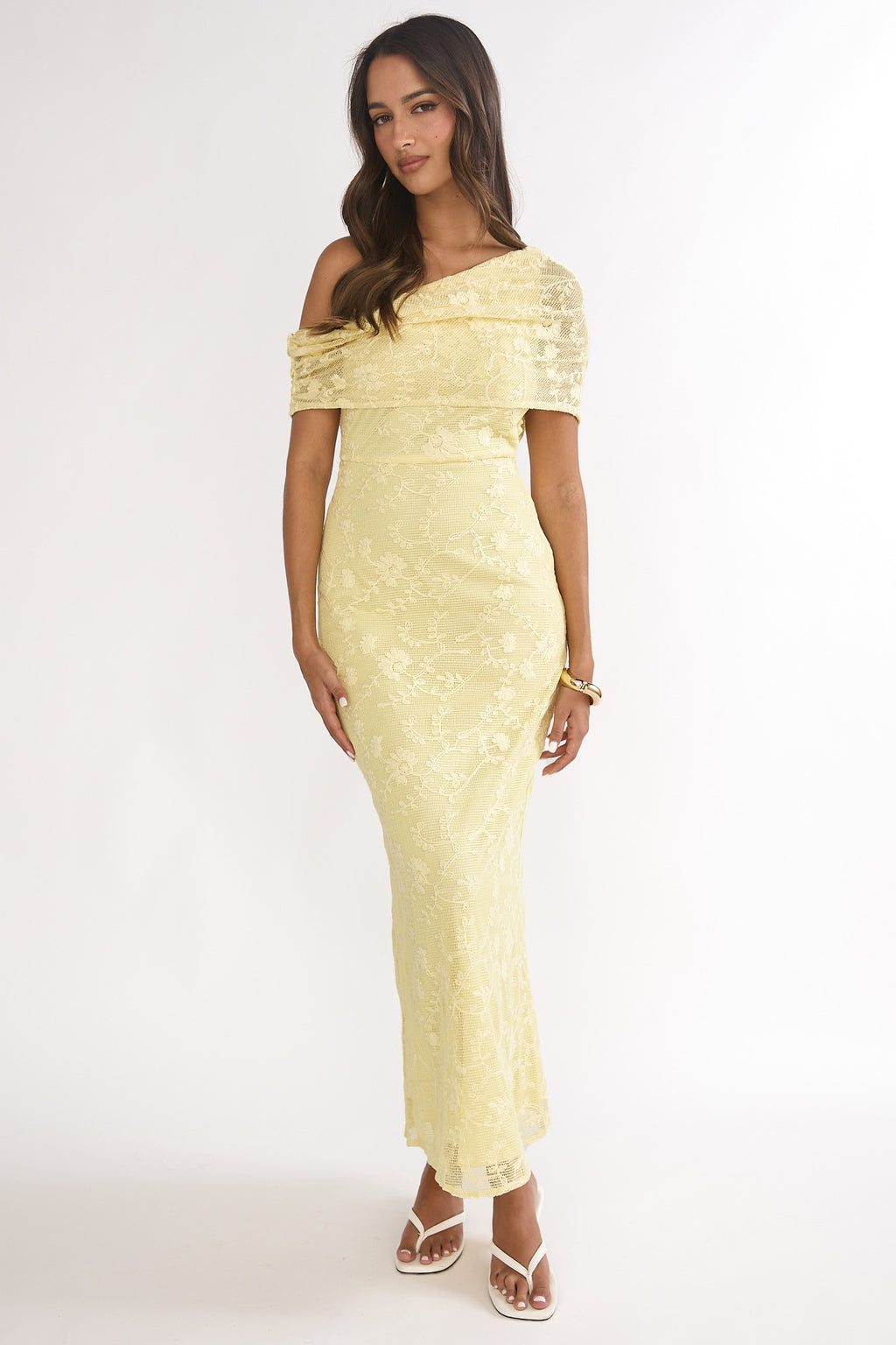 Elita Asymmetric Neckline Lace Maxi Dress Lemon by Selfie Leslie Australia