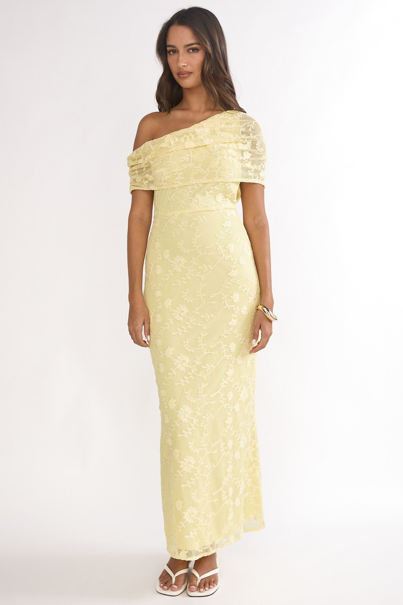 Elita Asymmetric Neckline Lace Maxi Dress Lemon by Selfie Leslie Australia