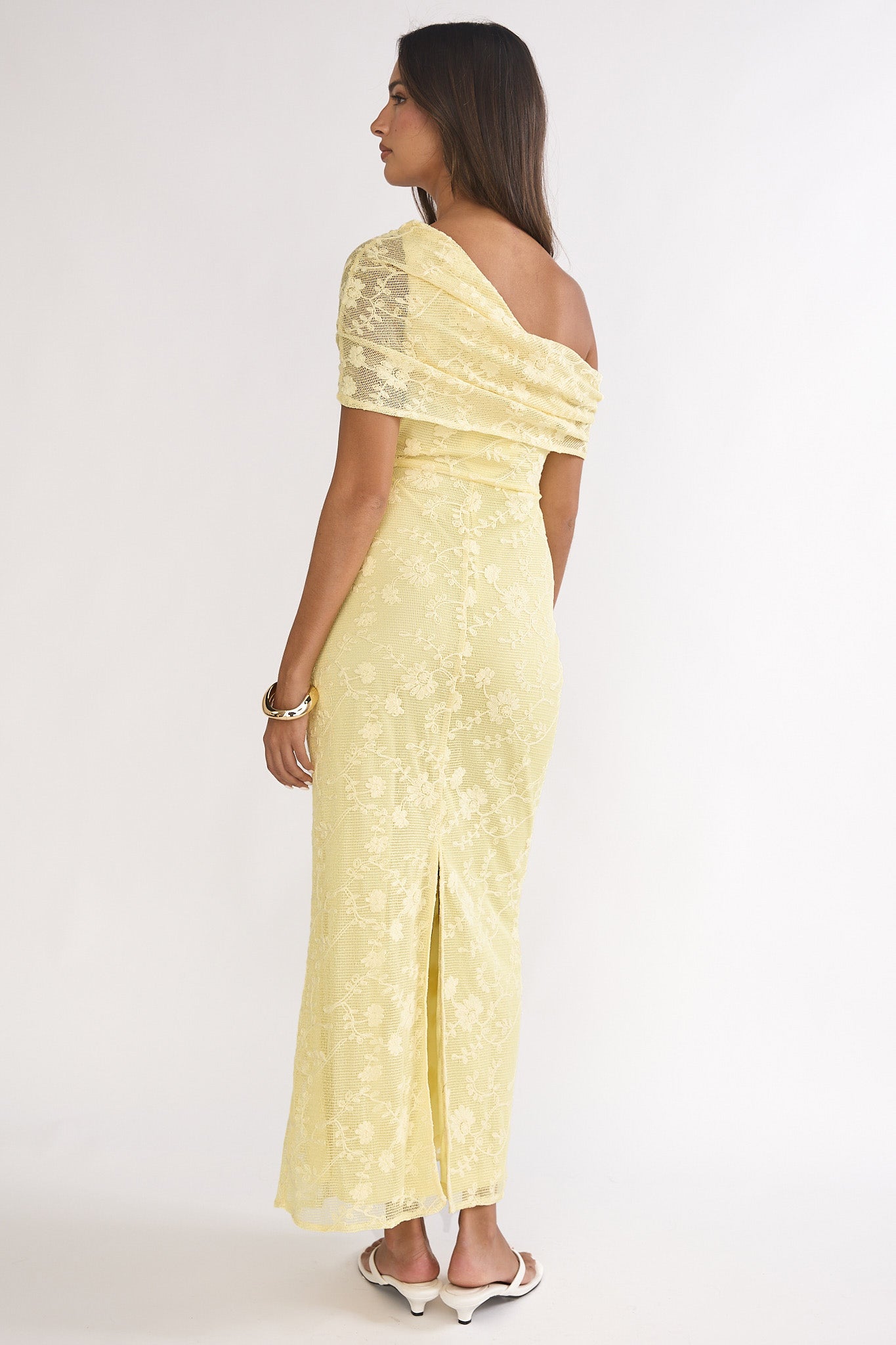 Elita Asymmetric Neckline Lace Maxi Dress Lemon by Selfie Leslie Australia