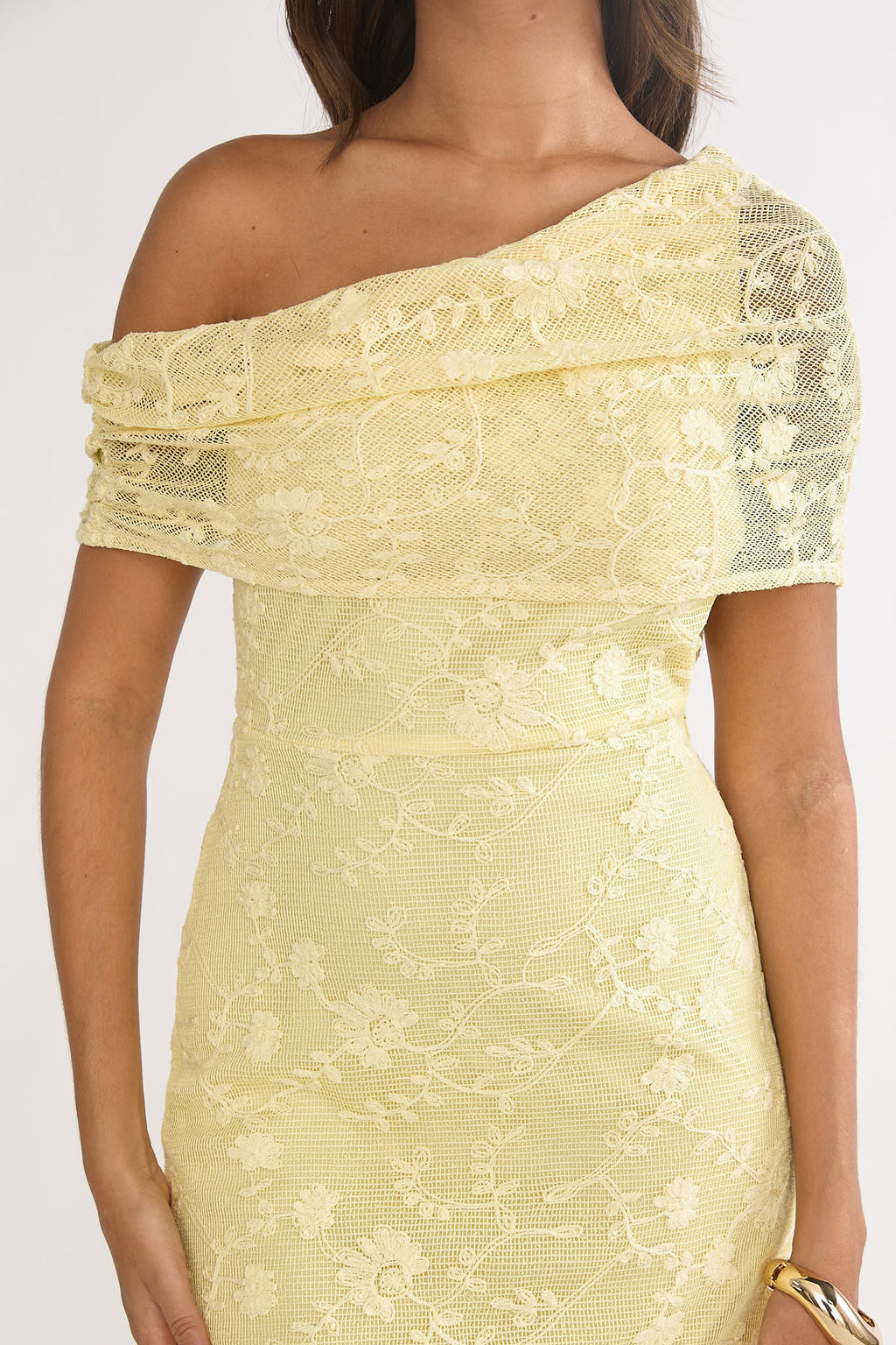 Elita Asymmetric Neckline Lace Maxi Dress Lemon by Selfie Leslie Australia