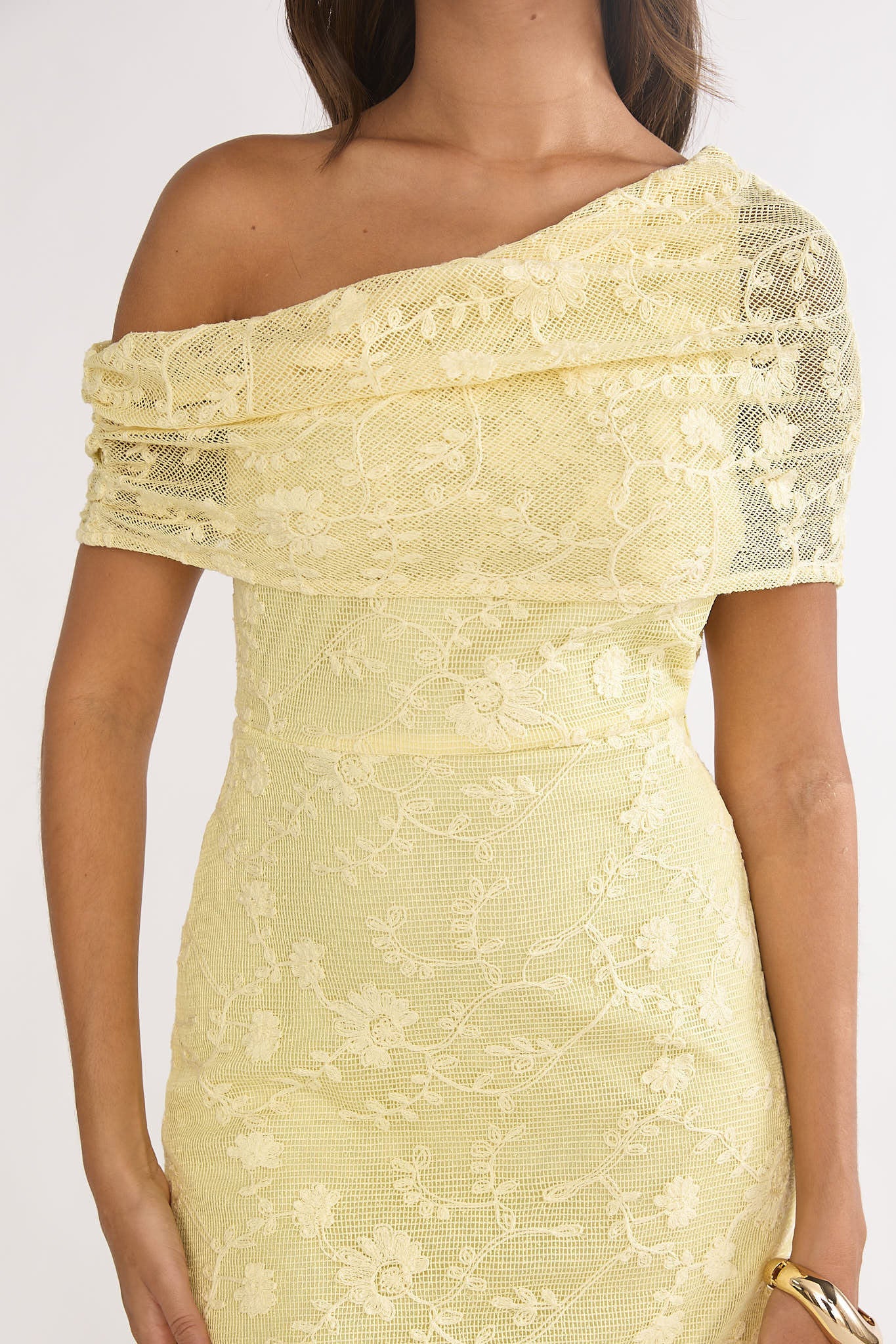 Elita Asymmetric Neckline Lace Maxi Dress Lemon by Selfie Leslie Australia