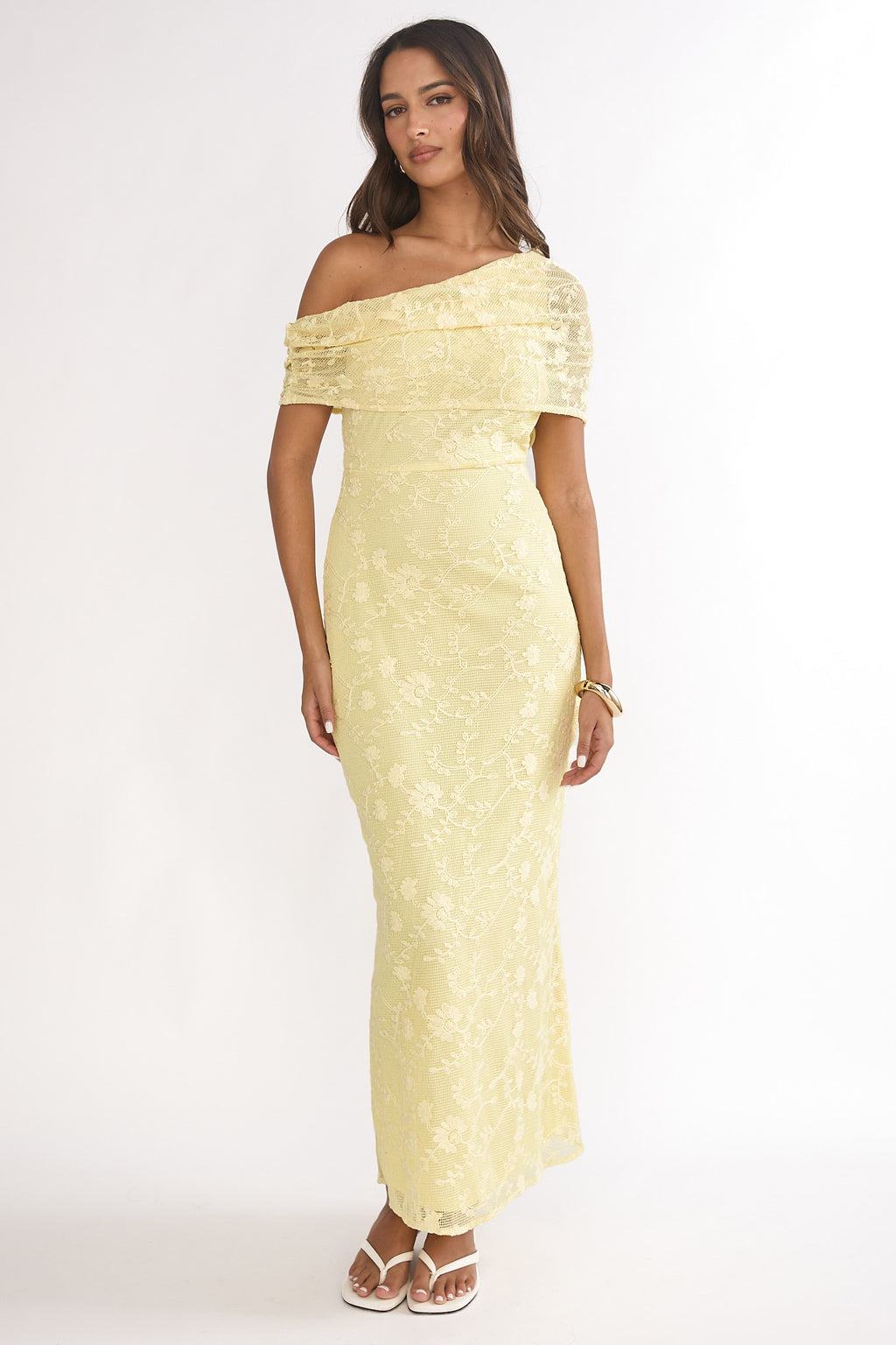 Elita Asymmetric Neckline Lace Maxi Dress Lemon by Selfie Leslie Australia