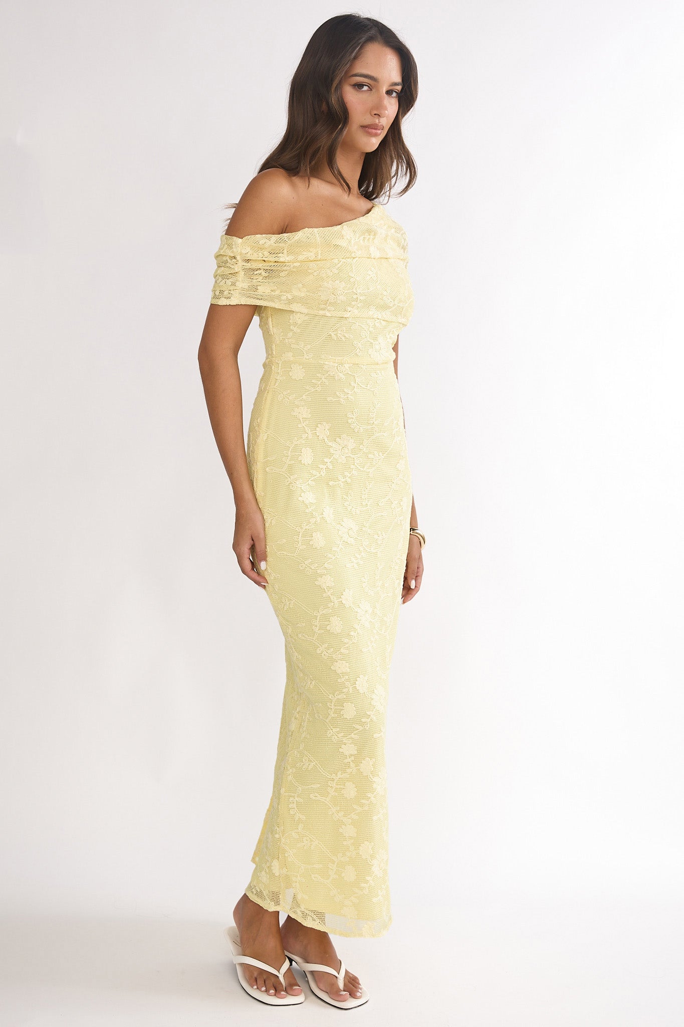 Elita Asymmetric Neckline Lace Maxi Dress Lemon by Selfie Leslie Australia