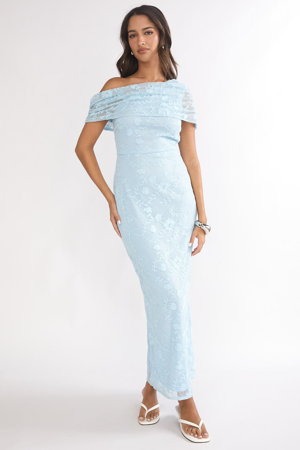 Elita Asymmetric Neckline Lace Maxi Dress Blue by Selfie Leslie Australia