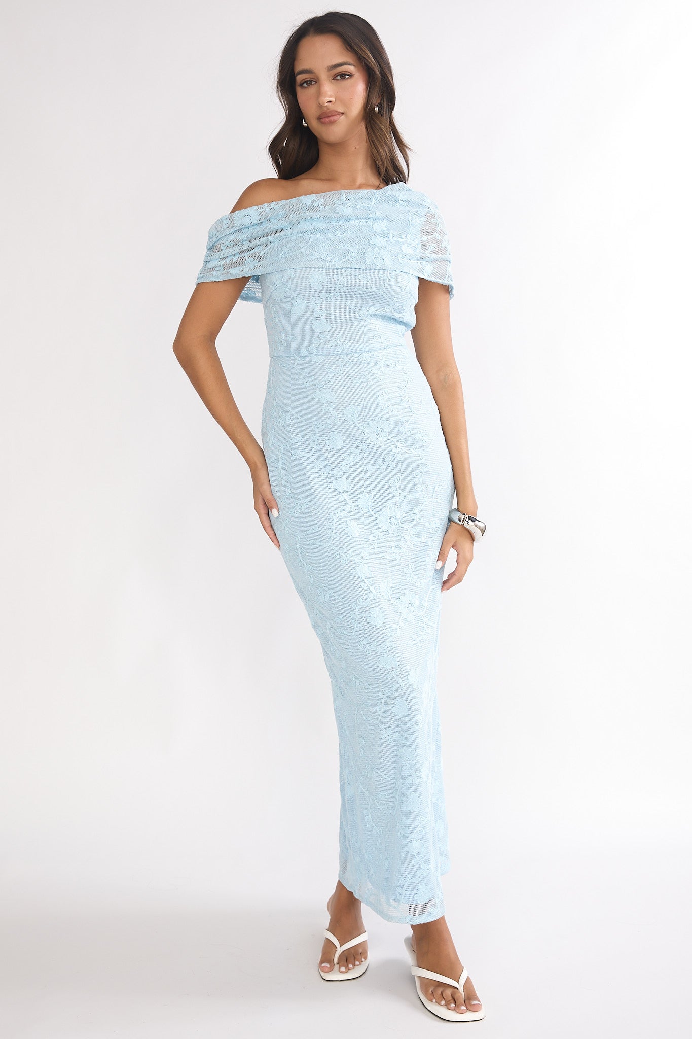 Elita Asymmetric Neckline Lace Maxi Dress Blue by Selfie Leslie Australia