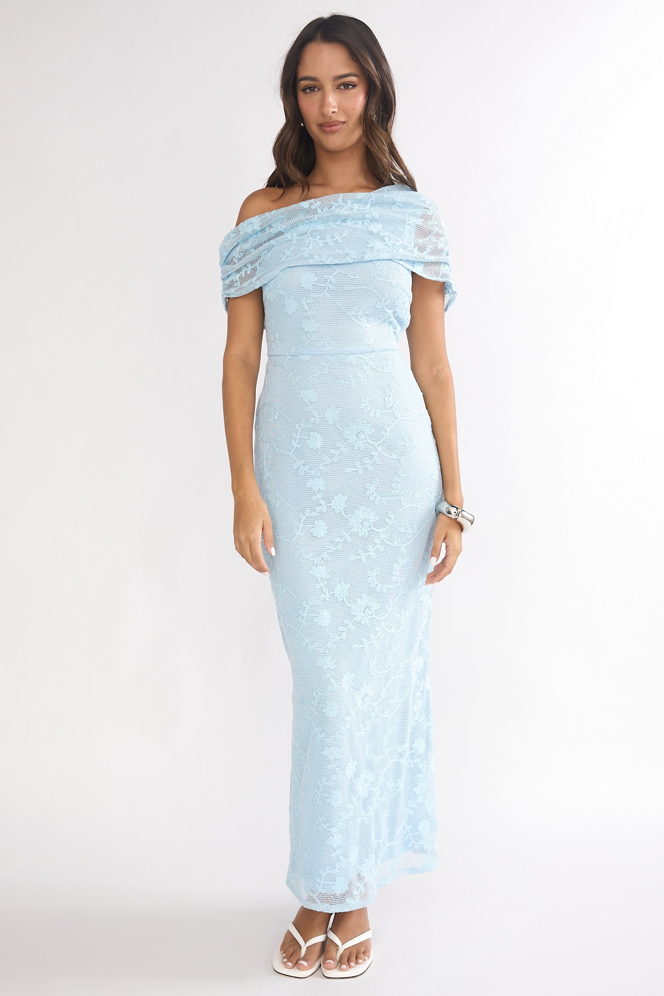 Elita Asymmetric Neckline Lace Maxi Dress Blue by Selfie Leslie Australia