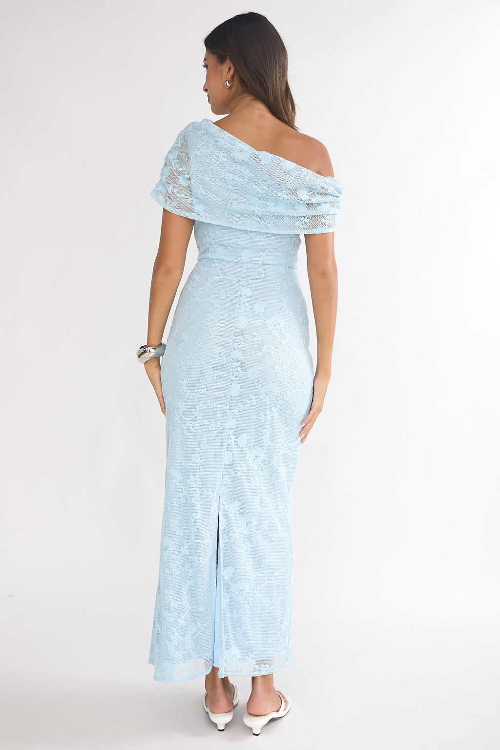 Elita Asymmetric Neckline Lace Maxi Dress Blue by Selfie Leslie Australia