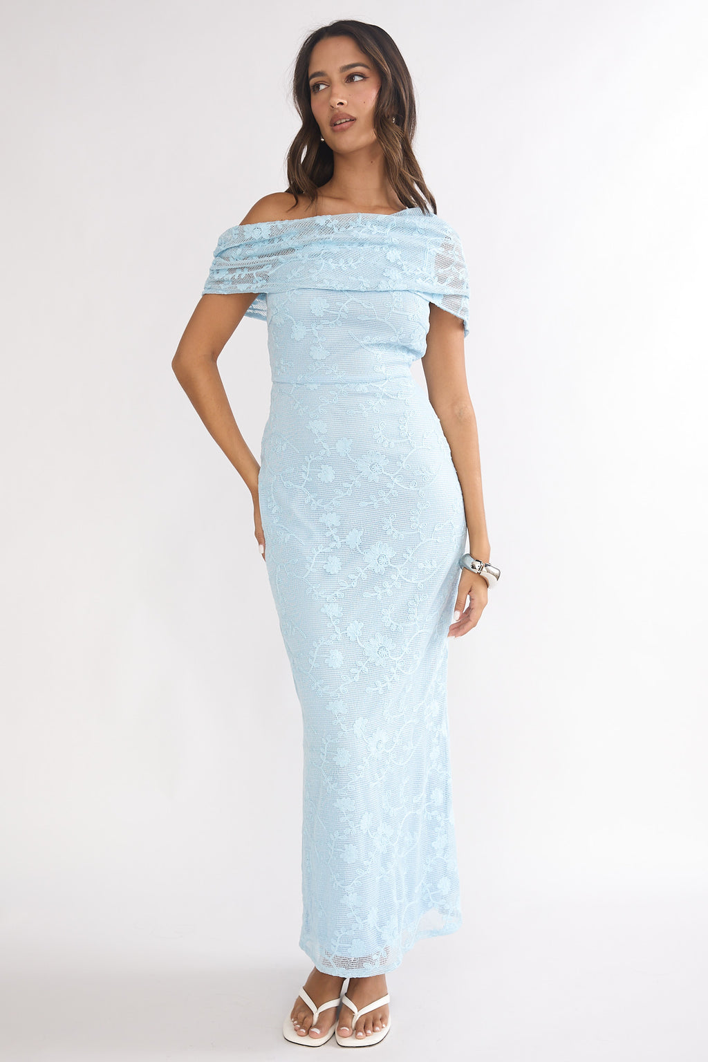Elita Asymmetric Neckline Lace Maxi Dress Blue by Selfie Leslie Australia