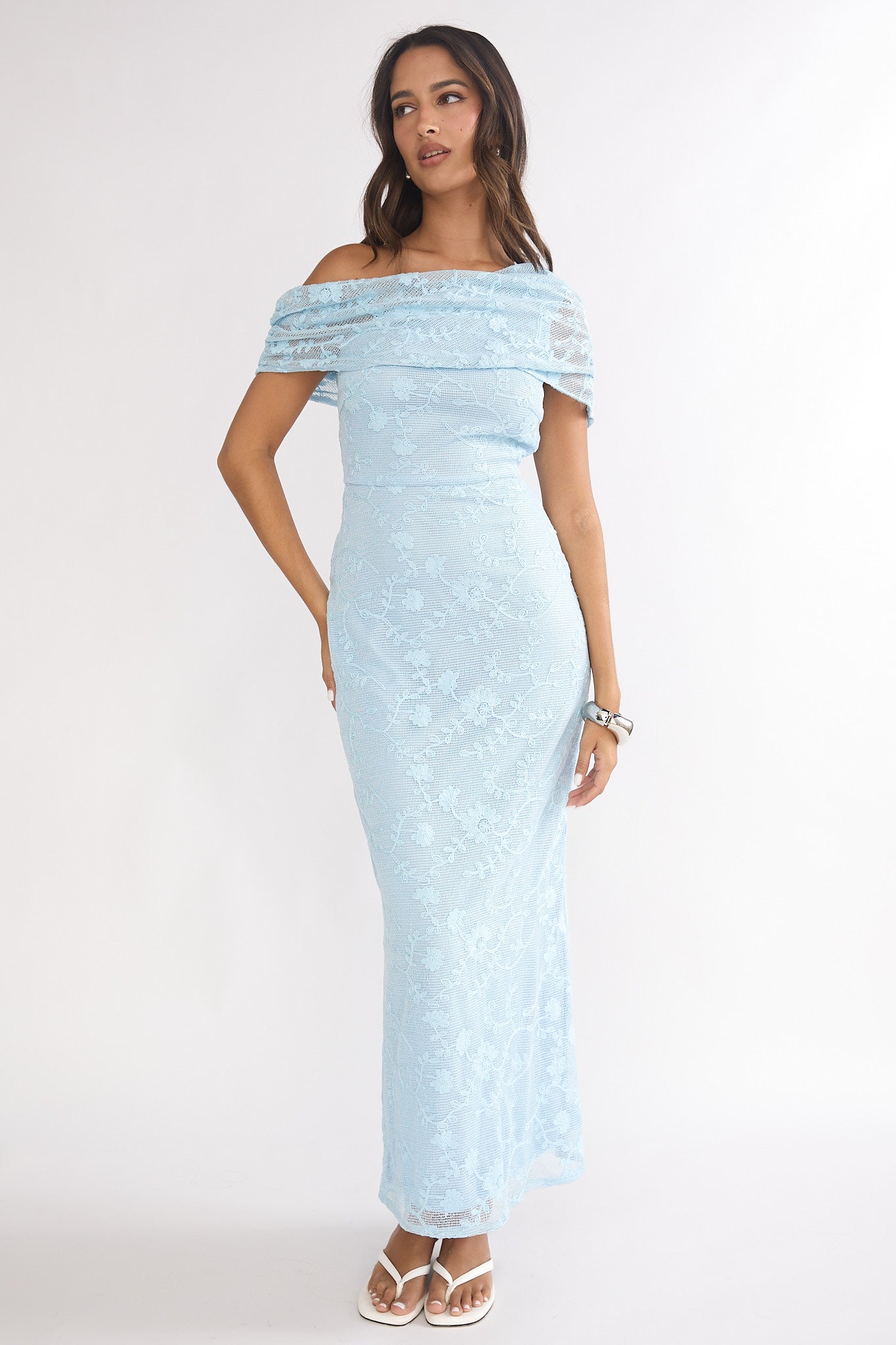 Elita Asymmetric Neckline Lace Maxi Dress Blue by Selfie Leslie Australia