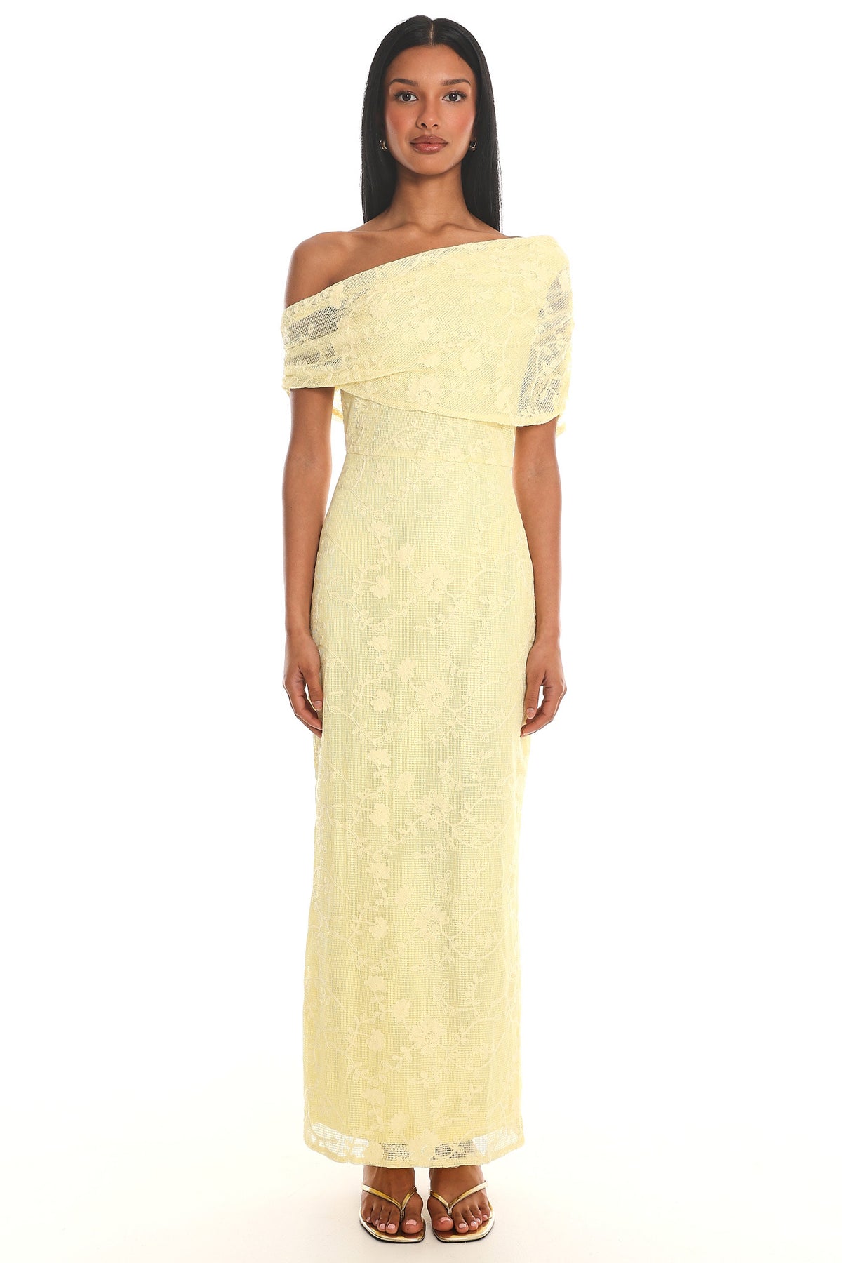 Elita Asymmetric Neckline Lace Maxi Dress Lemon by Selfie Leslie Australia